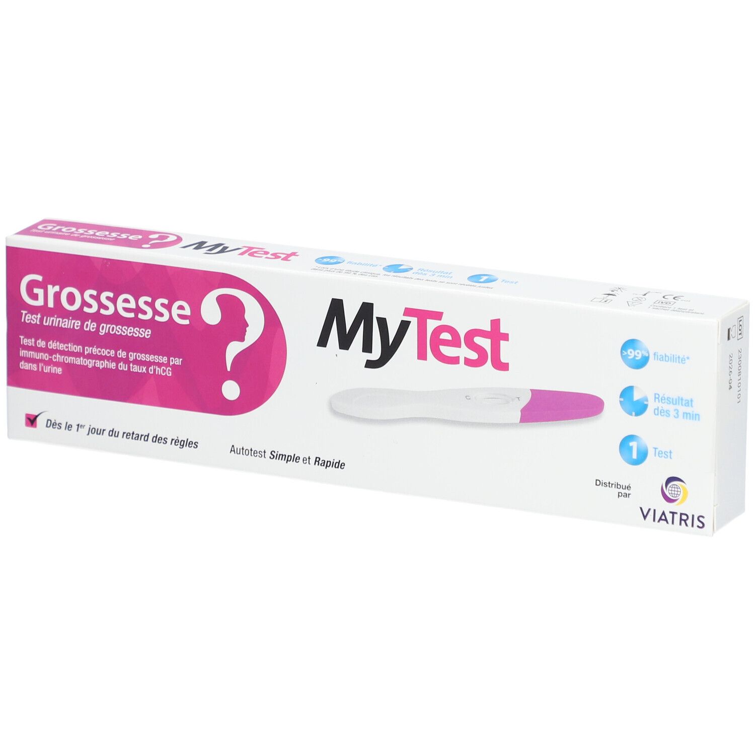 Boîte de test de grossesse MyTest. Inscription: Grossesse, 1 test. Design blanc et rose. Vue de face.