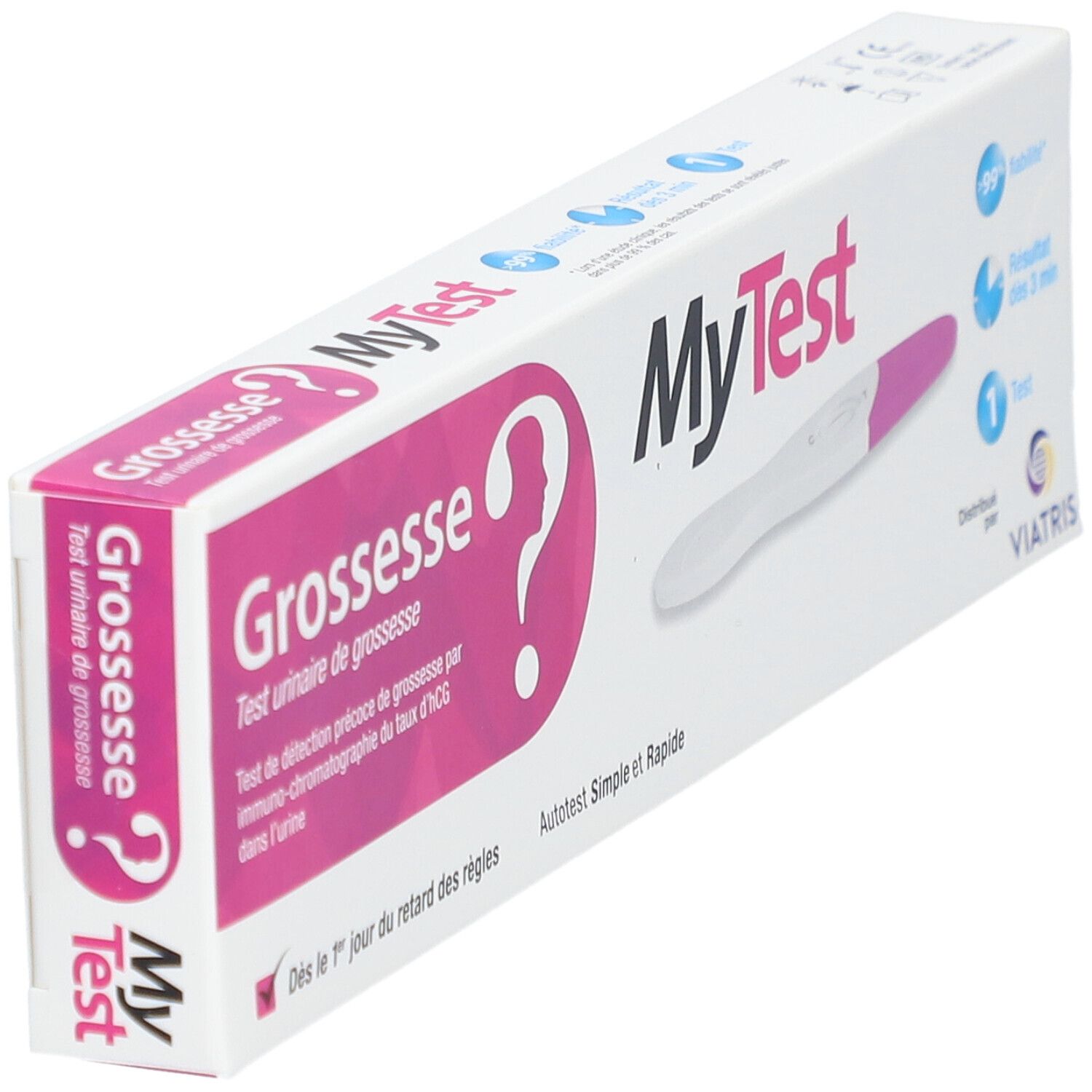 Boîte de test de grossesse MyTest. Inscription: Grossesse. Design blanc et rose. Vue en biais.