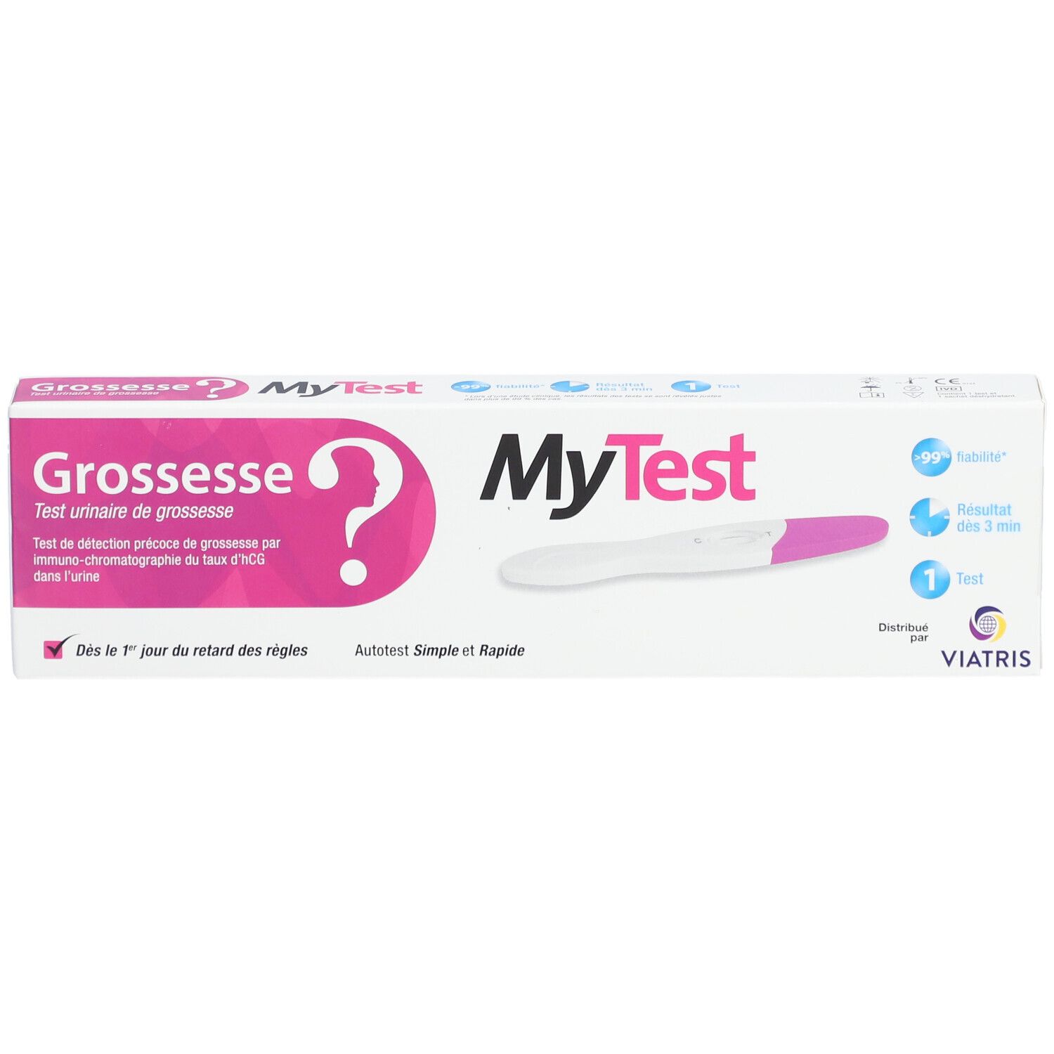 Boîte de test de grossesse MyTest. Inscription: Grossesse, 1 test. Design blanc et rose.