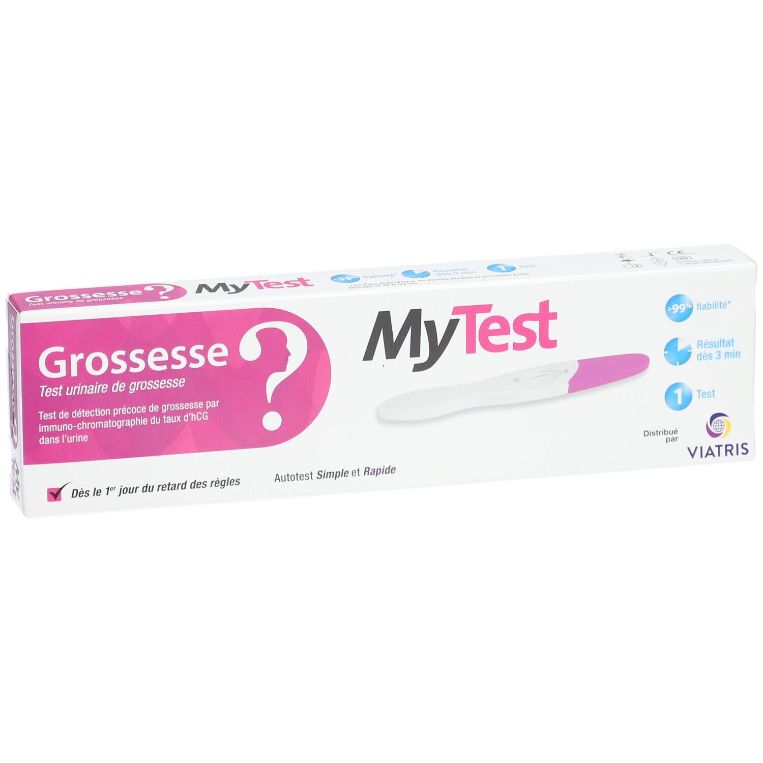 Boîte de test de grossesse MyTest. Inscription: Grossesse, 1 test. Design blanc et rose.