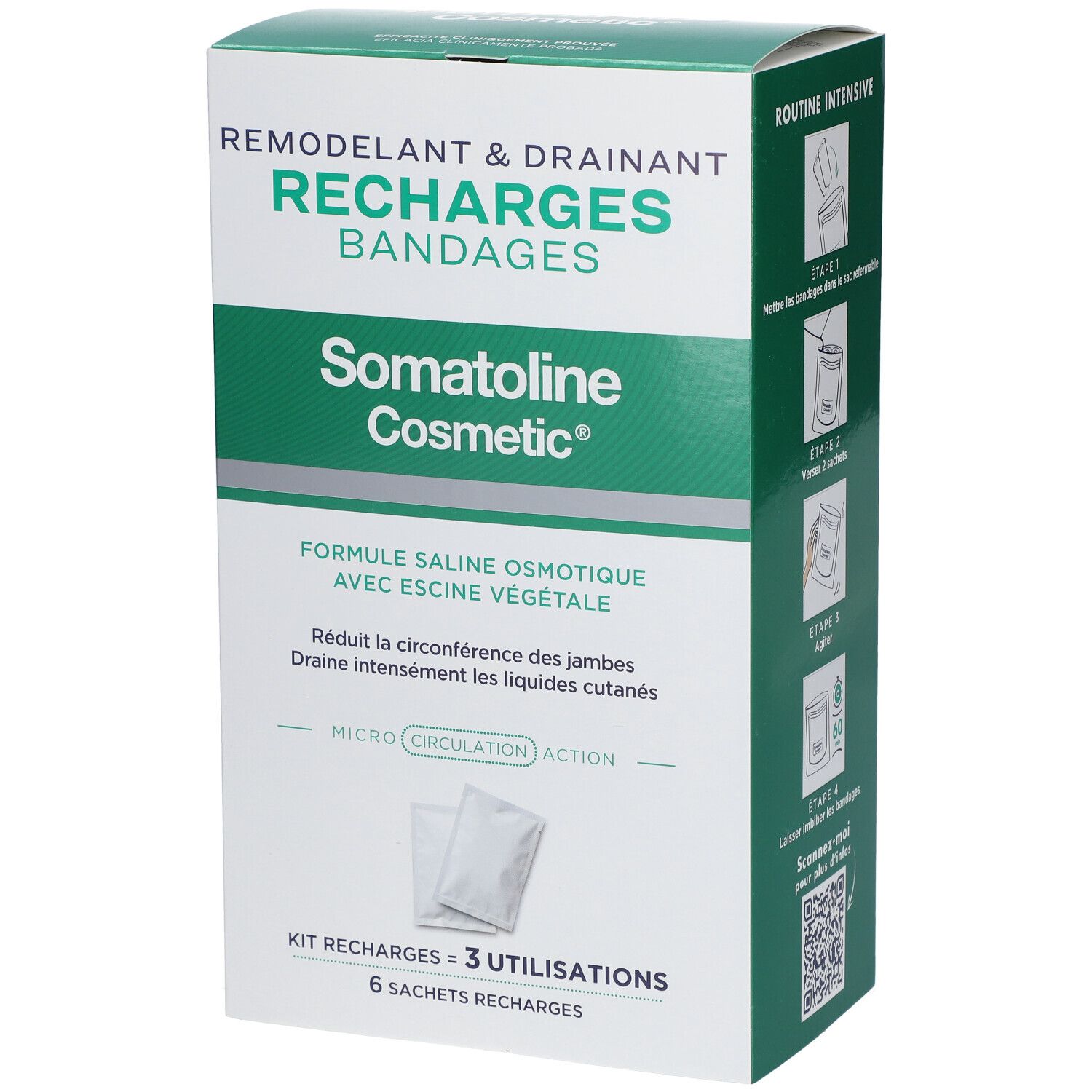 Boîte Somatoline Cosmetic Recharges Bandages Remodelant & Drainant, 6 sachets.