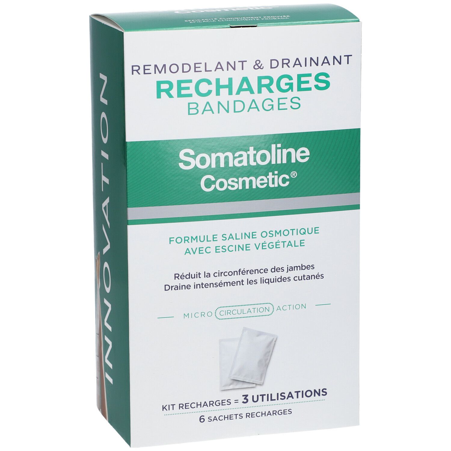 Boîte Somatoline Cosmetic Recharges Bandages Remodelant & Drainant, avec inscription 'Innovation'.