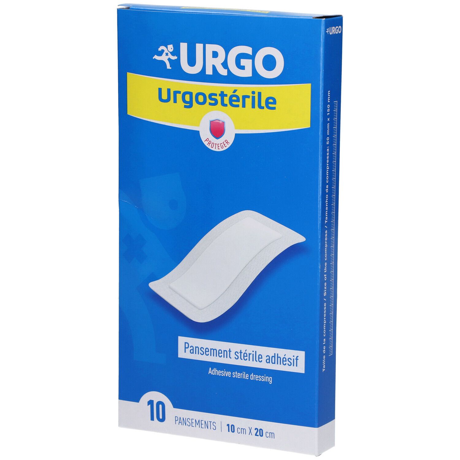 Blauwe en gele doos Urgo Urgostérile. 10 steriele, zelfklevende verbanden 10 cm x 20 cm. Beschermingssymbool.