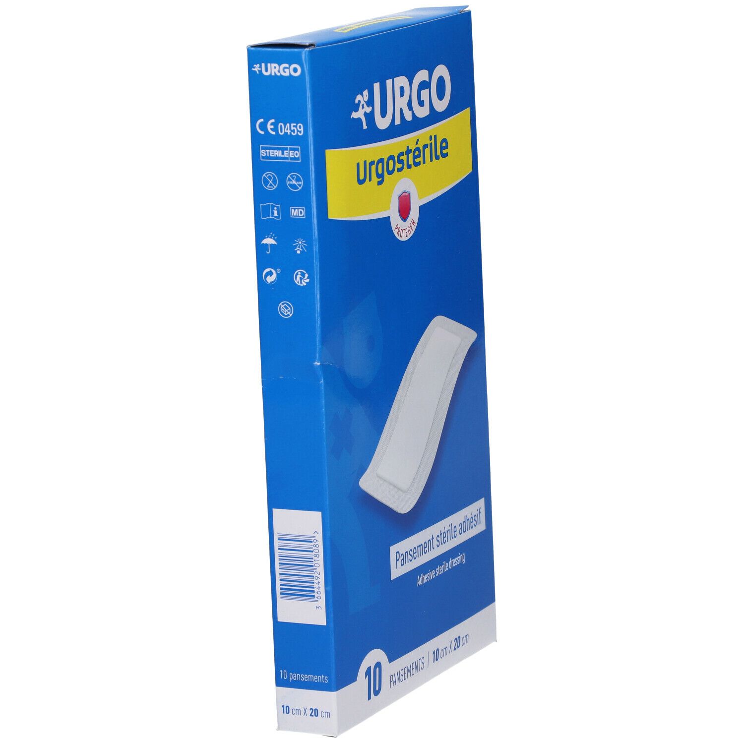 Blauwe doos Urgo Urgostérile. 10 steriele, zelfklevende verbanden. CE-markering. 10 cm x 20 cm.
