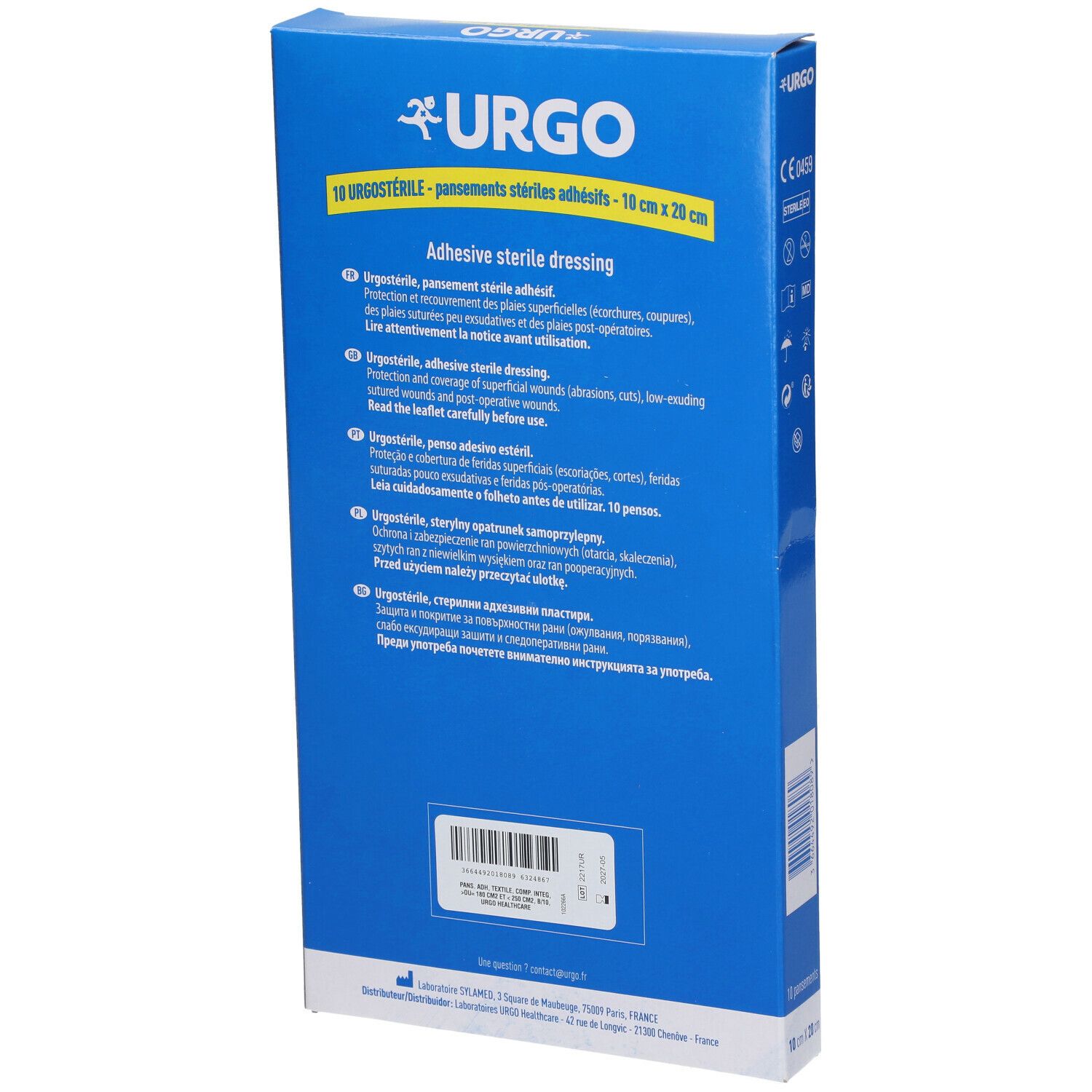 Achterkant van de Urgo Urgostérile verpakking. Meertalige tekst. 10 steriele, zelfklevende verbanden.