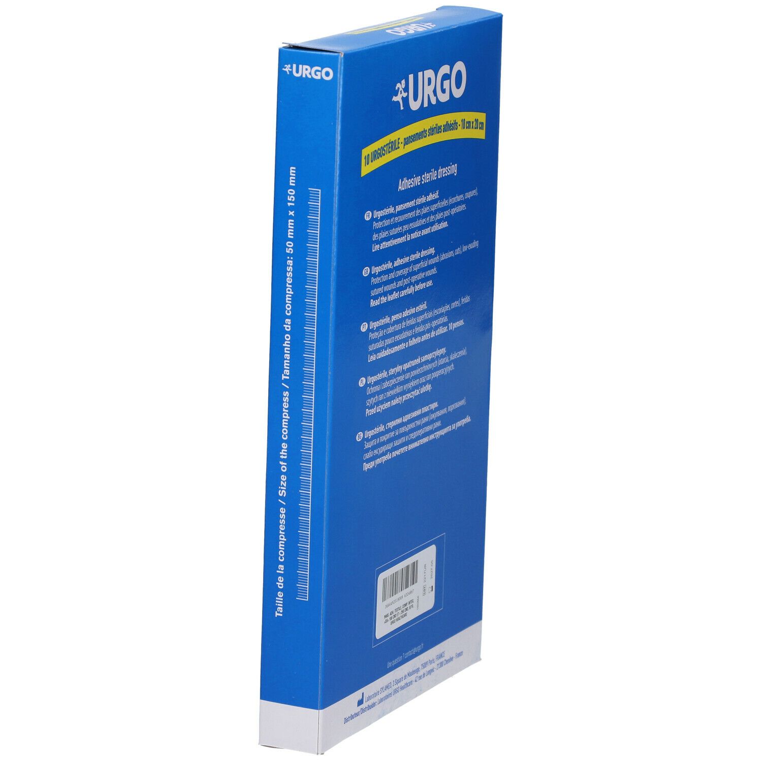 Zijaanzicht van de Urgo Urgostérile verpakking. Meertalige tekst. 10 steriele, zelfklevende verbanden.