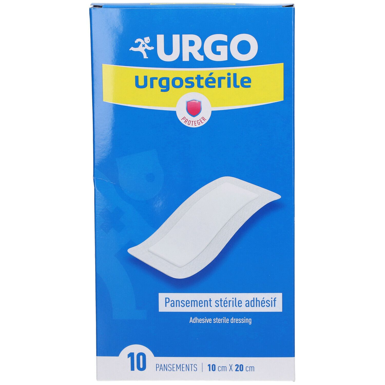Blauwe en gele doos Urgo Urgostérile. 10 steriele, zelfklevende verbanden 10 cm x 20 cm. Beschermingssymbool.