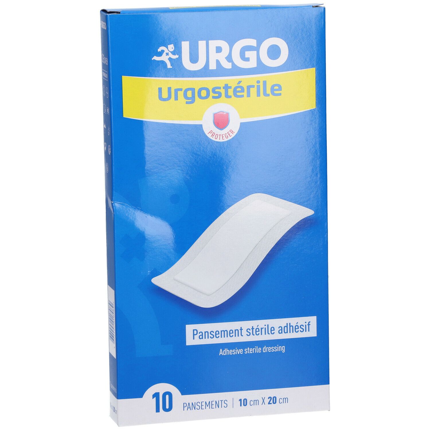 Blauwe en gele doos Urgo Urgostérile. 10 steriele, zelfklevende verbanden 10 cm x 20 cm. Beschermingssymbool.