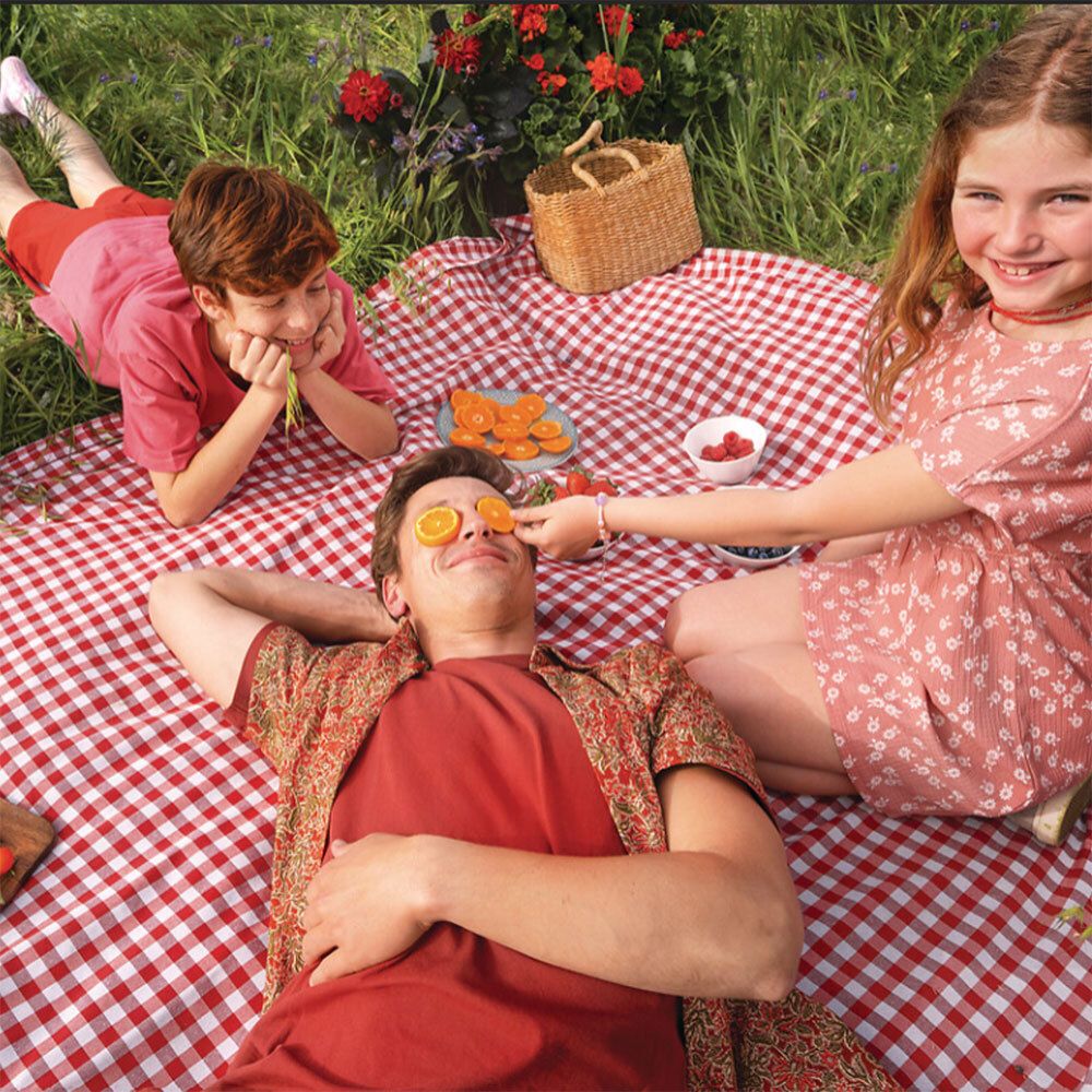 Familie op picknickkleed. Geen producten zichtbaar.