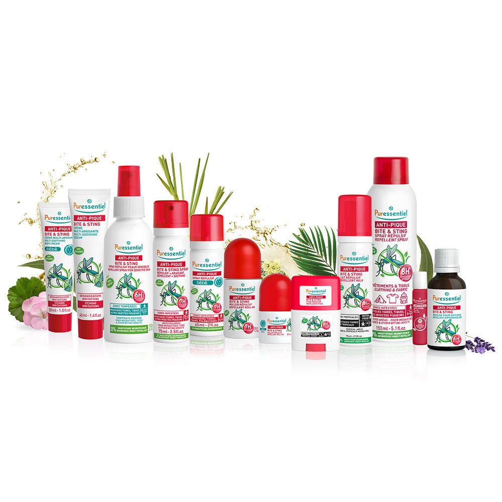 Verschillende producten. Opschrift: Anti-Pique, multi-verzachtende crème. Bio-certificering.