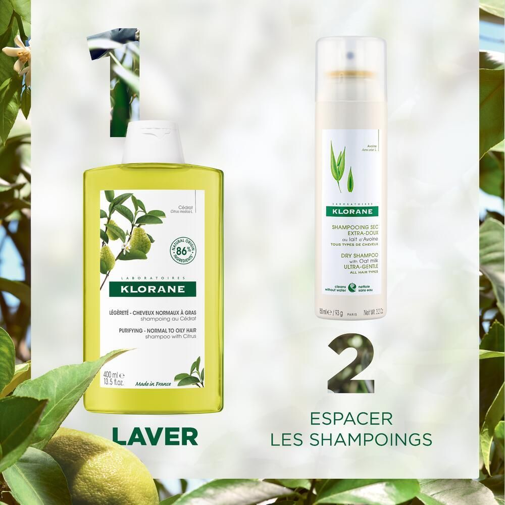 Deux produits: shampooing et shampooing sec. Shampooing: bouteille jaune. Shampooing sec: bouteille blanche avec accents verts.