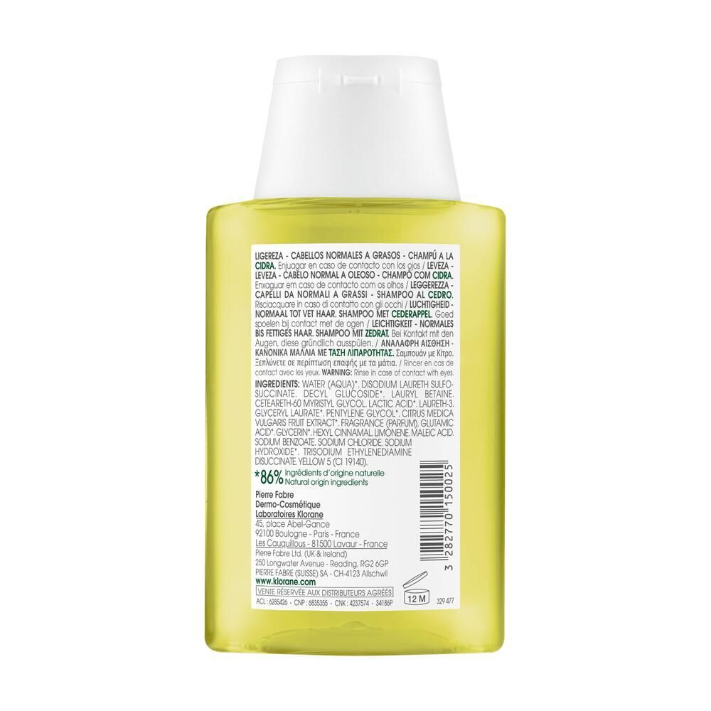 Dos du flacon de KLORANE Shampooing au Cédrat. Texte avec informations produit et ingrédients. Code-barres et certification.