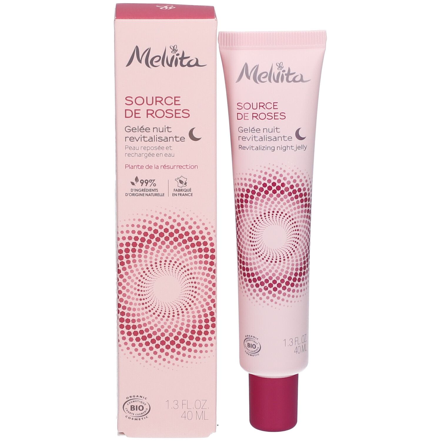 Melvita BB Cream tube en doosje, lichtroze. Bevat rozenmotief en BIO-keurmerk.