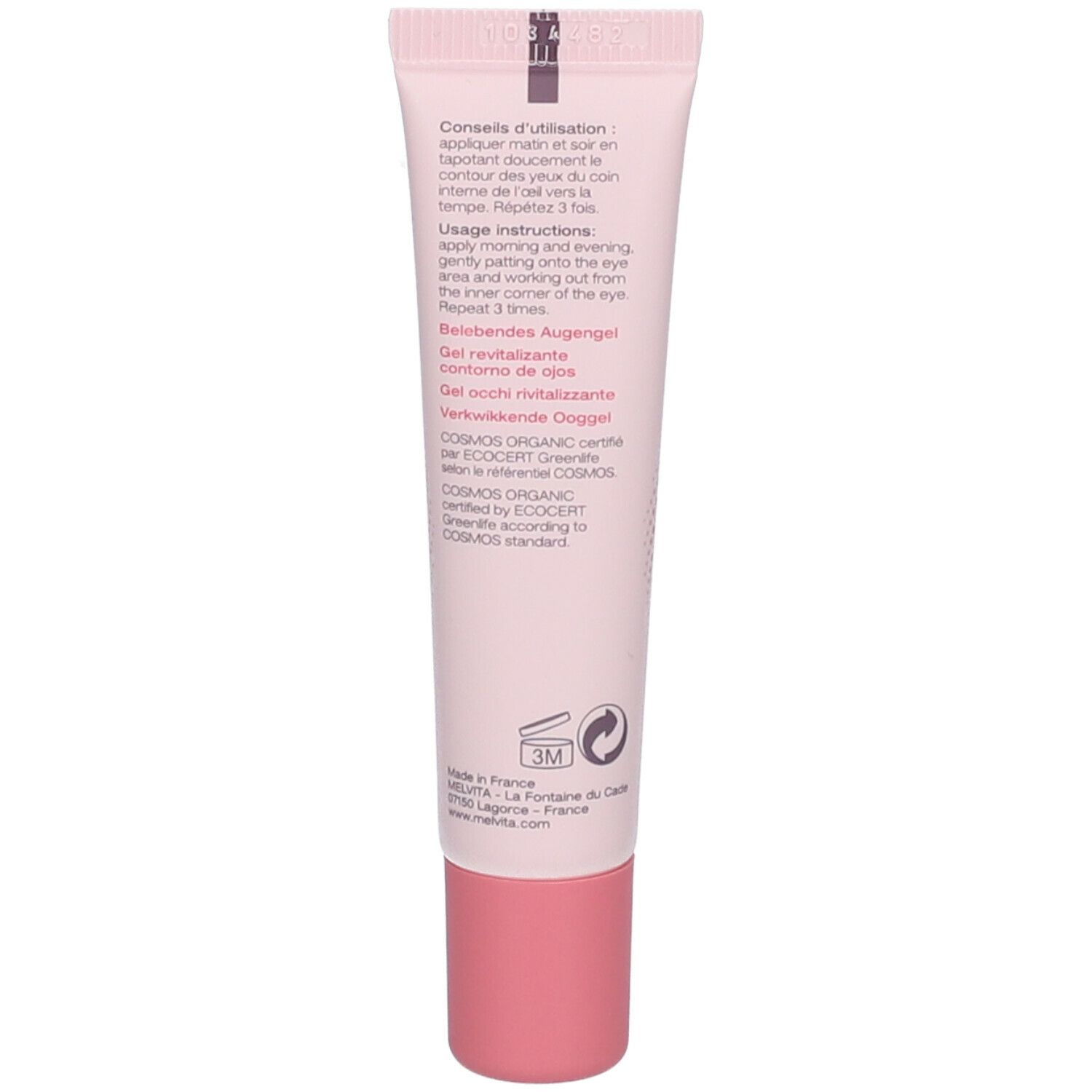 Dos d'un tube de gel contour des yeux rose. Texte multilingue. Certification bio.