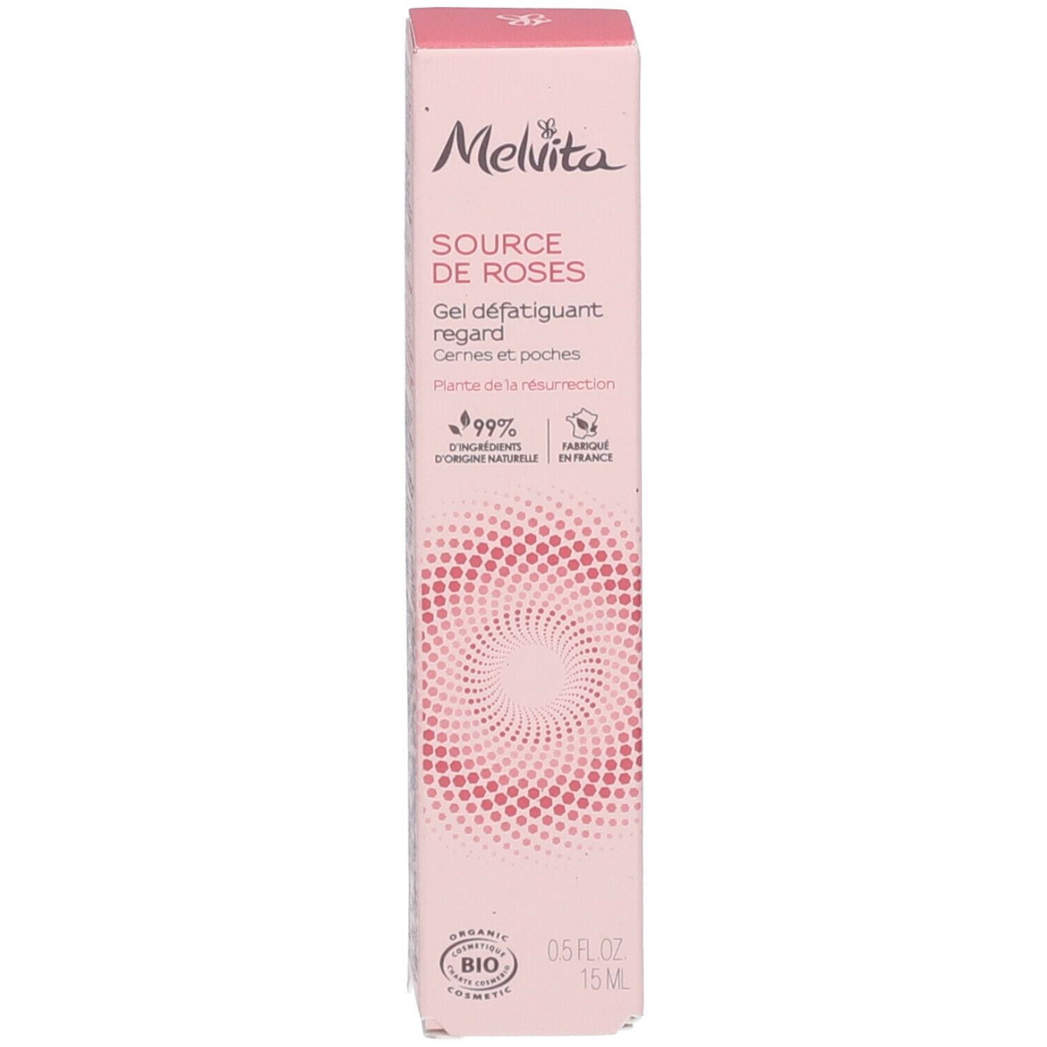 Boîte de produit rose. Marque et nom du produit visibles. Certification bio. Texte multilingue.