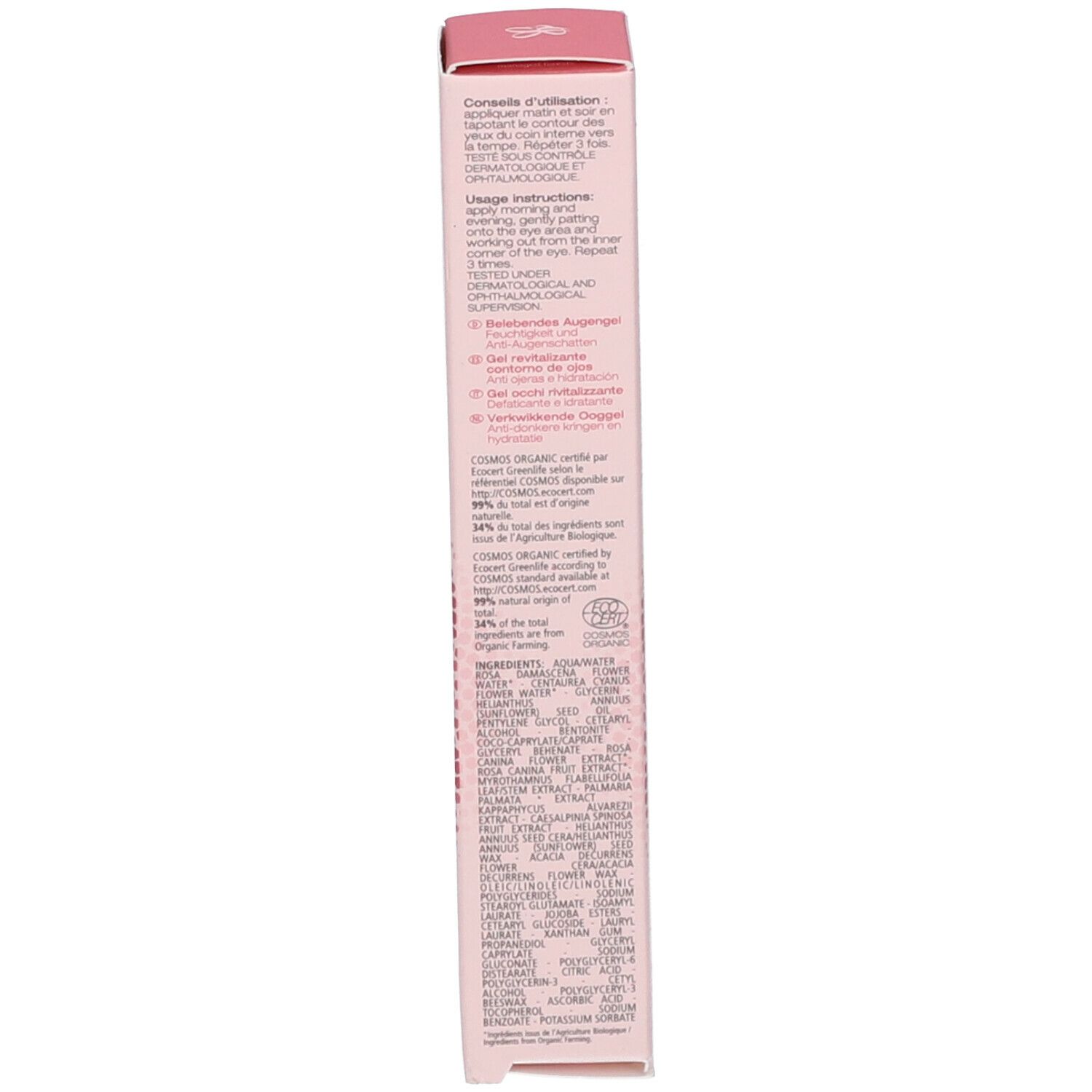 Côté de la boîte de produit rose. Texte avec ingrédients et instructions. Certification bio.