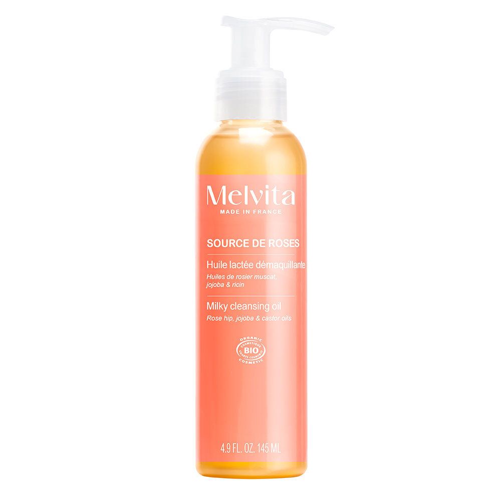 Gele fles met pomp. Tekst: Melvita, Source de Roses, Huile lactée démaquillante, Milky cleansing oil. Bio-label.
