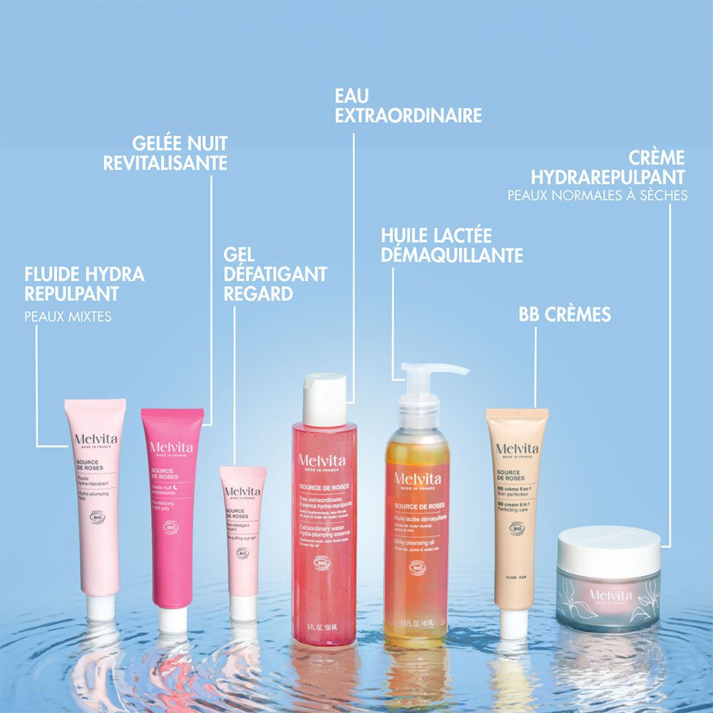 Productreeks. Tekst: Melvita, Flui, Gel, Huile lactée démaquillante, Crème, BB Crèmes, Eau Extraordinaire.