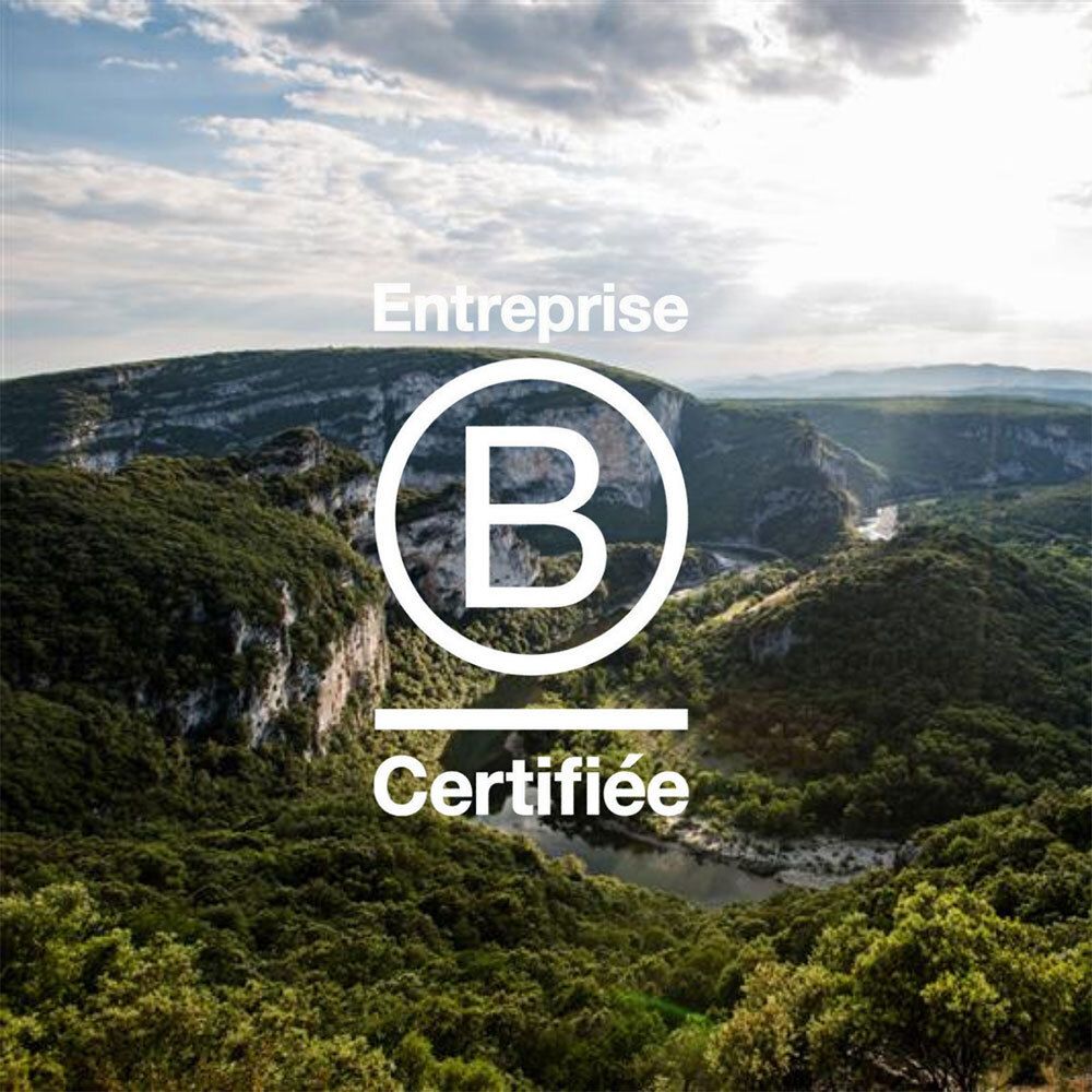 Landschap met bergen. Tekst: Entreprise B Certifiée.