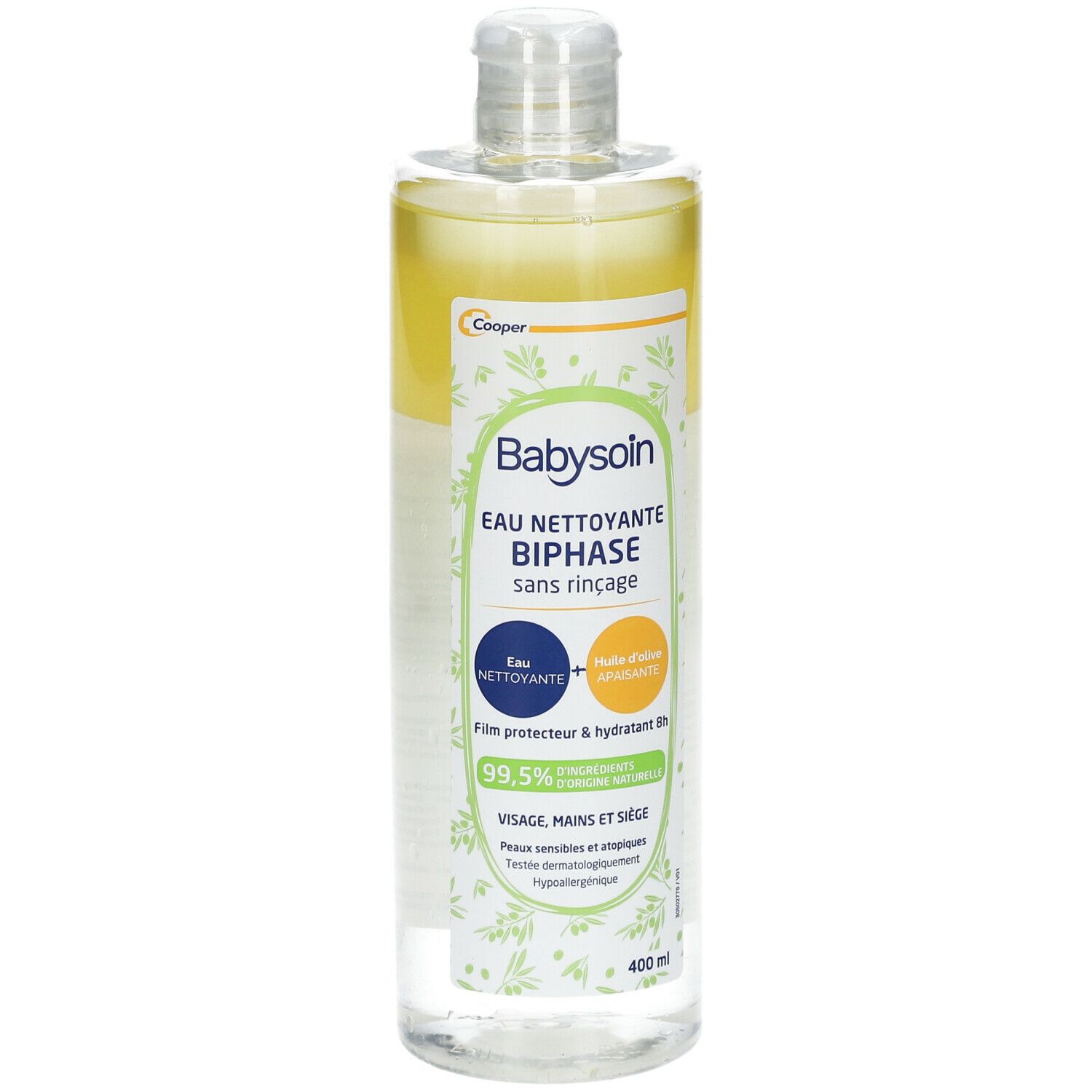 Flacon cylindrique de nettoyant biphasé. Inscription: Babysoin Eau nettoyante biphase. Volume: 400 ml. Avec bouchon à clapet.