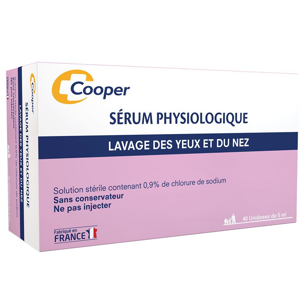 Doosje Cooper fysiologisch serum. Opschrift: Lavage des yeux et du nez. Bevat 40 unidoses. Gemaakt in Frankrijk.