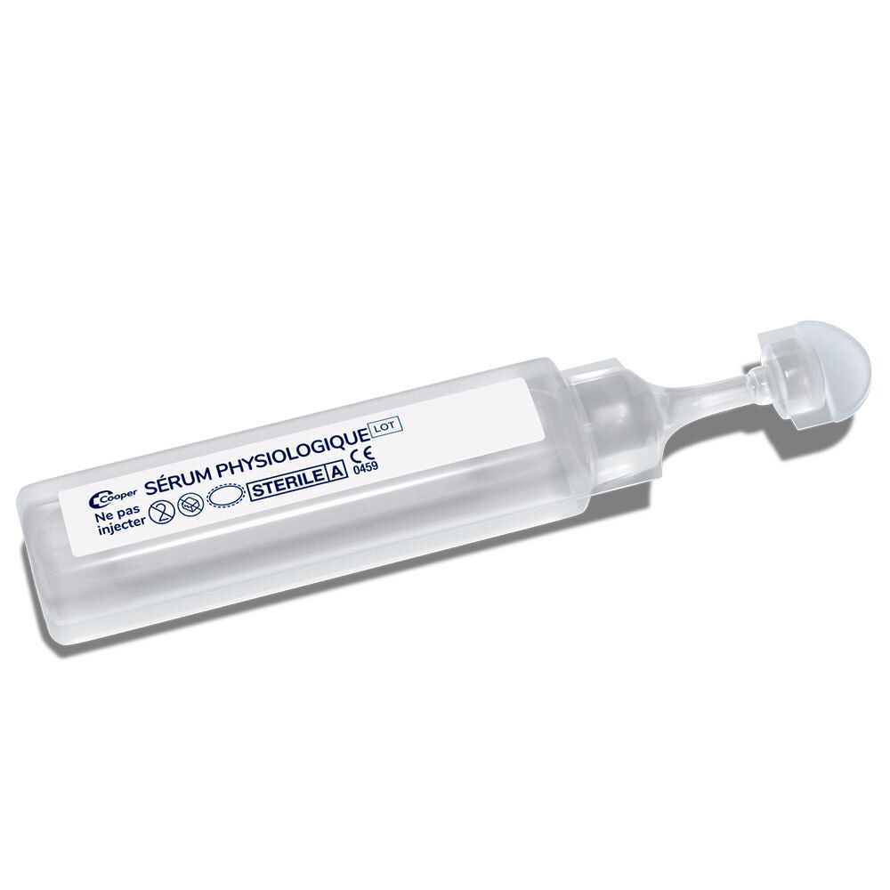 Transparante unidosis fysiologisch serum. Dop. Opschrift: Sérum physiologique. Steriel. Voor ogen en neus.
