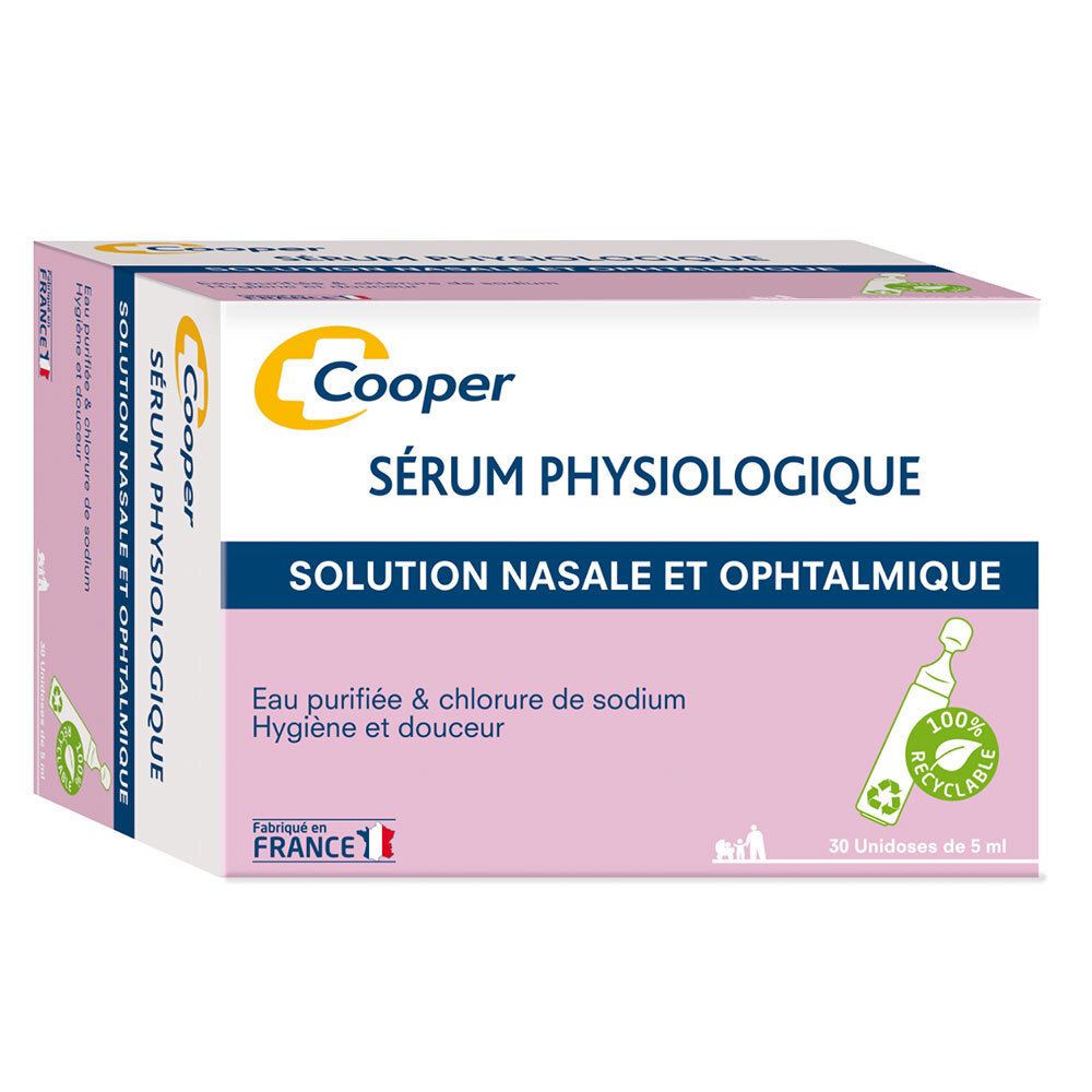 Verpakking van COOPER Sérum Physiologique. Roze en witte doos met productnaam en logo. Bevat 30 unidoses.