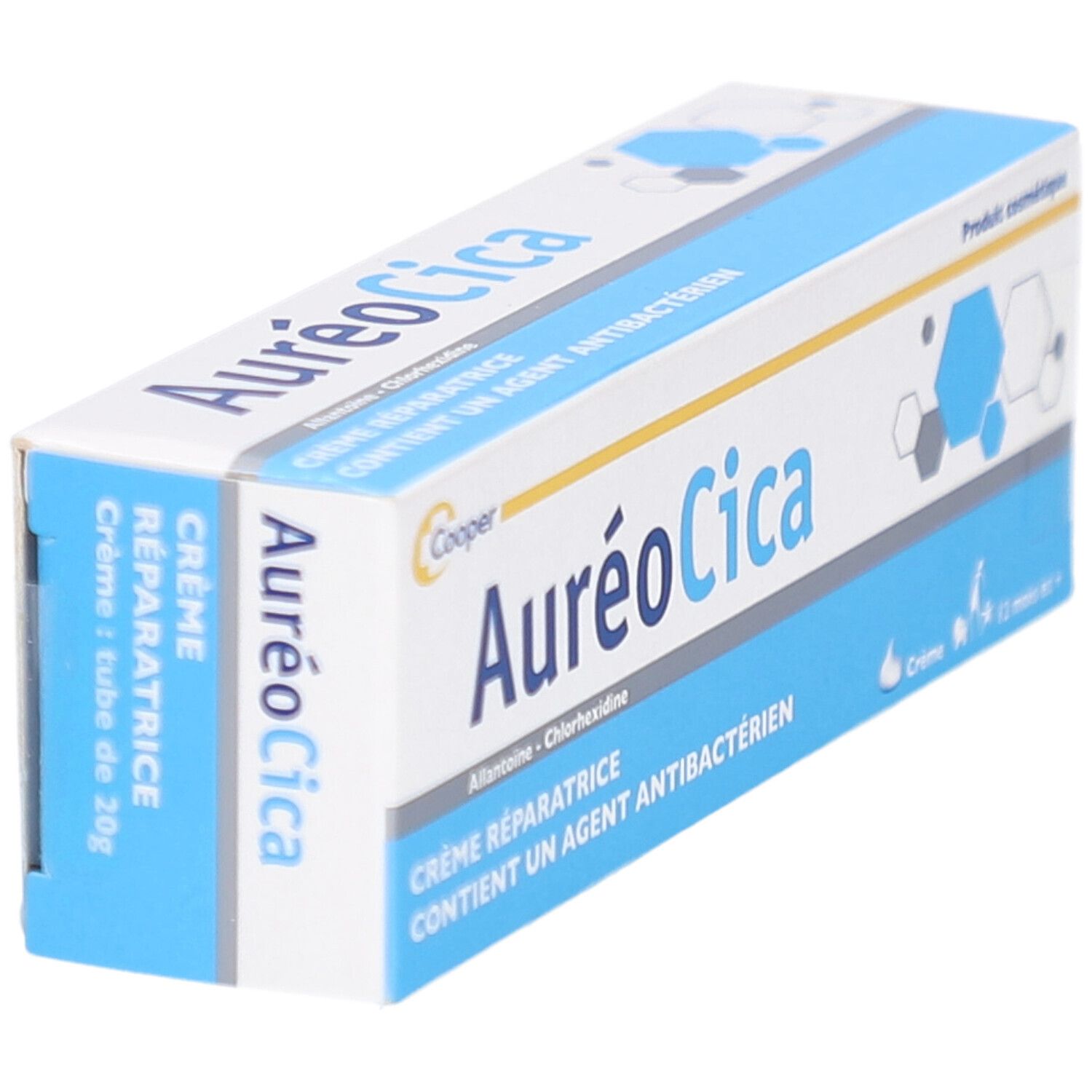 Cooper Aureo Cica Herstellende crème doos, zijkant. Bevat Allantoïne en Chloorhexidine. Tube 30g.