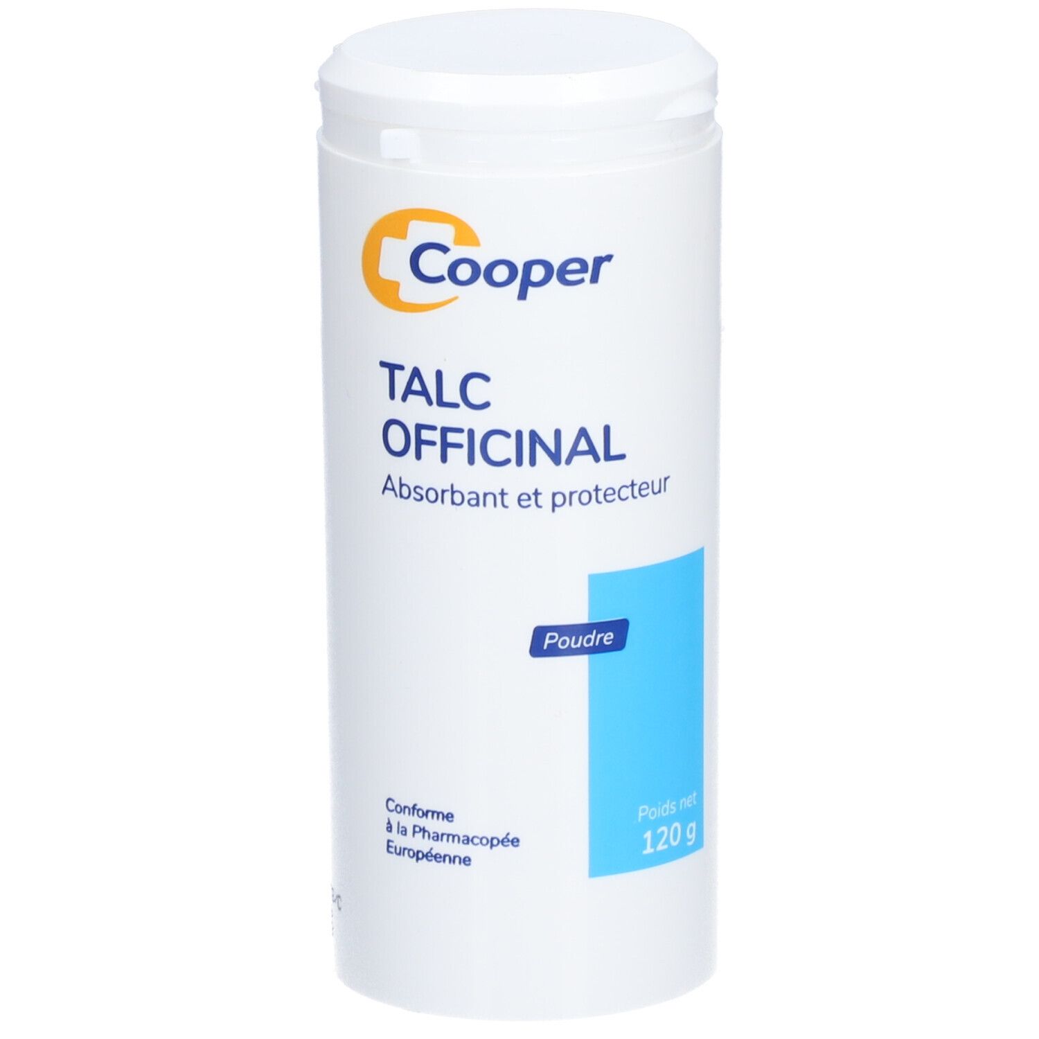 Flacon cylindrique blanc avec couvercle. Inscription: Cooper, Talc Officinal, 120 g. Marque bleue.
