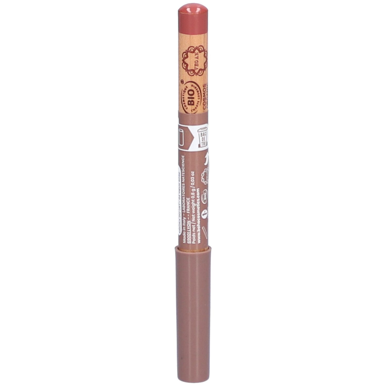 Lipliner Vieux Rose. Houten potlood met roze punt en bruine schacht. Bio-certificering zichtbaar.