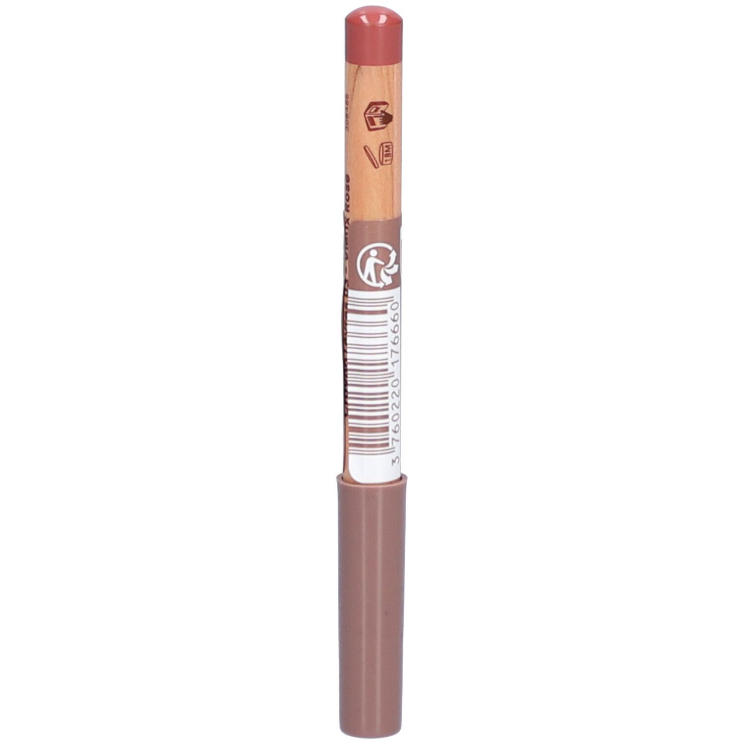 Lipliner Vieux Rose. Houten potlood met roze punt en bruine schacht. Streepjescode en tekst op de schacht.