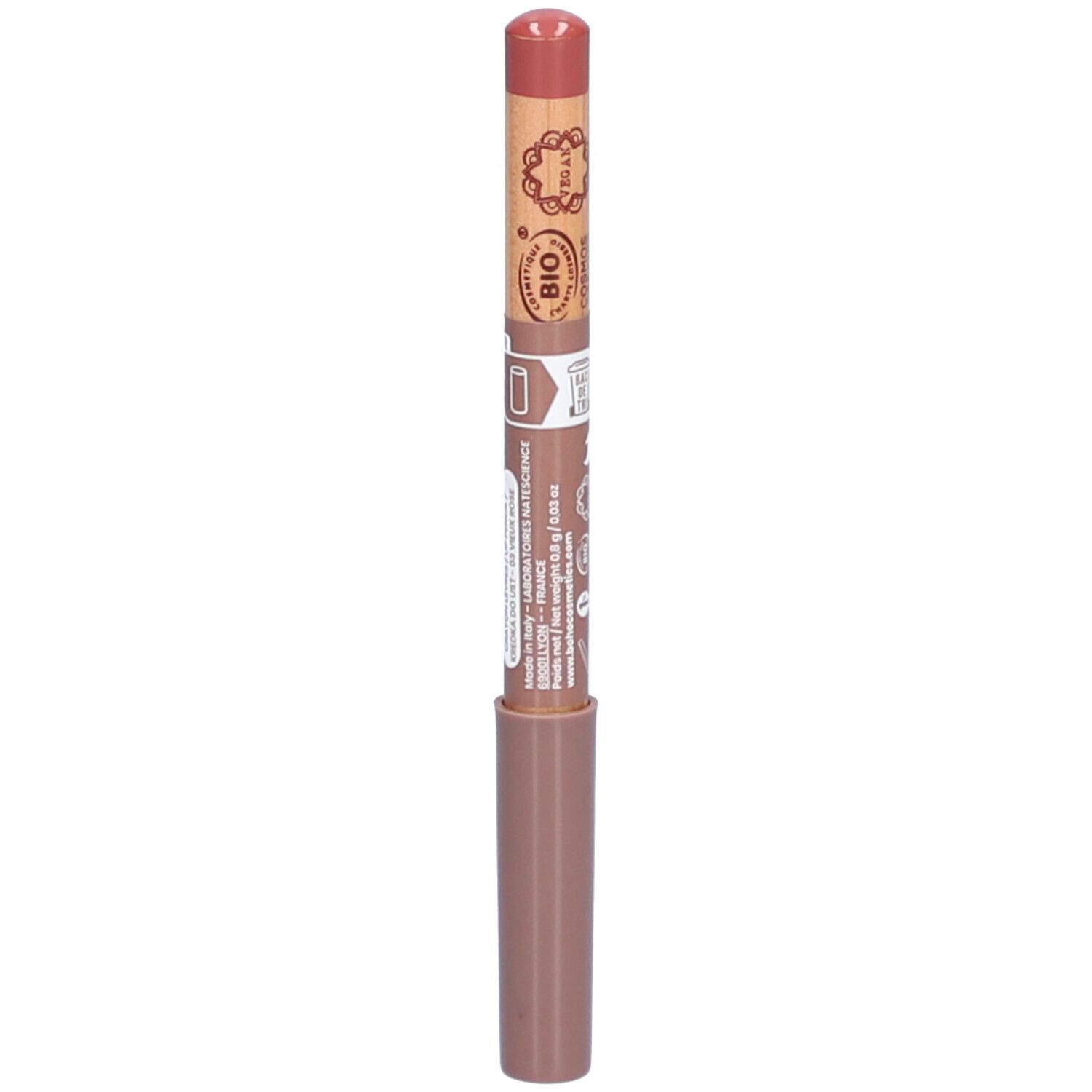 Lipliner Vieux Rose. Houten potlood met roze punt en bruine schacht. Bio-certificering en tekst.