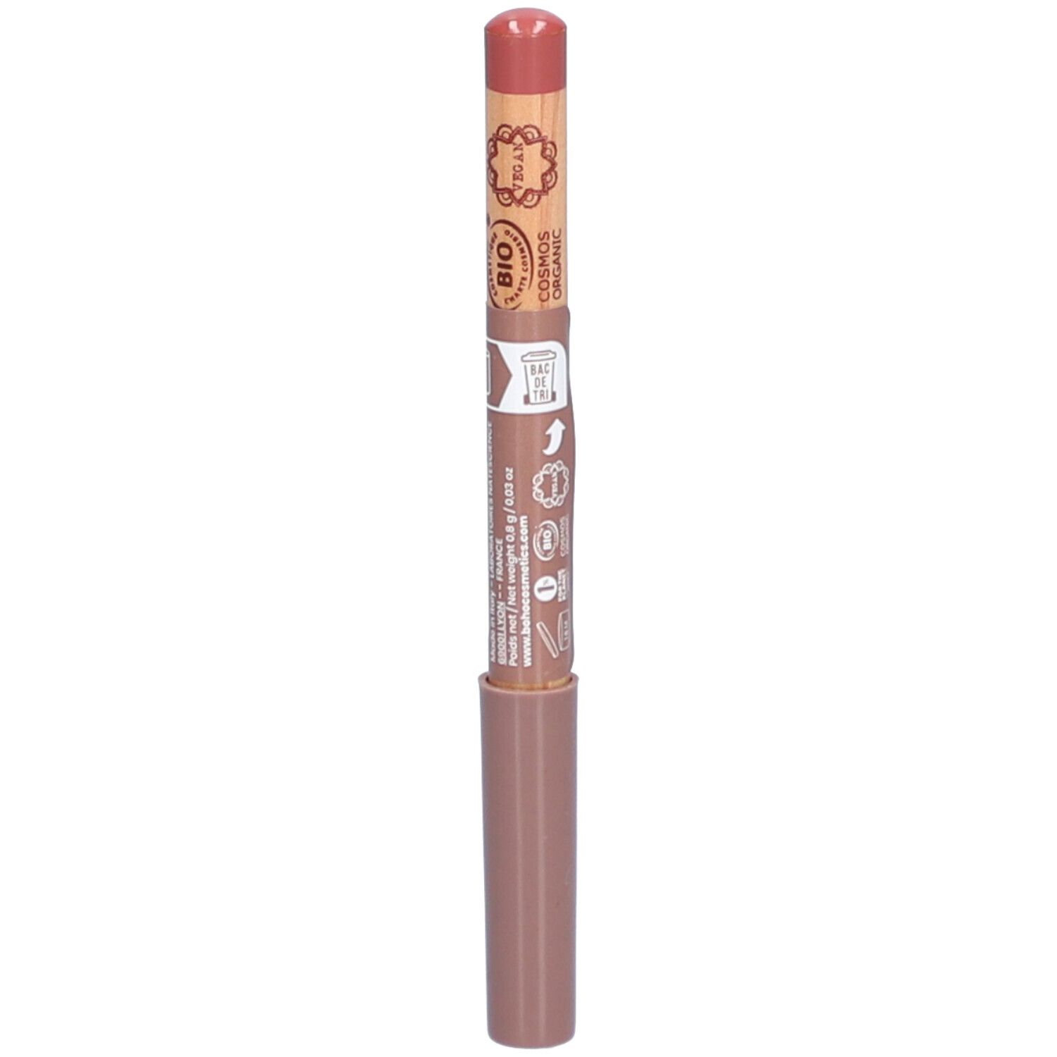 Lipliner Vieux Rose. Houten potlood met roze punt en bruine schacht. Bio-certificering en tekst.