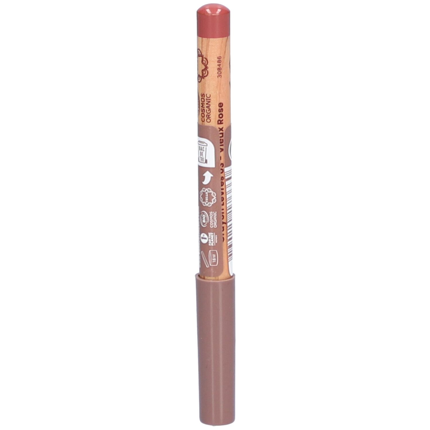 Lipliner Vieux Rose. Houten potlood met roze punt en bruine schacht. Tekst: Vieux Rose, Cosmos Organic.