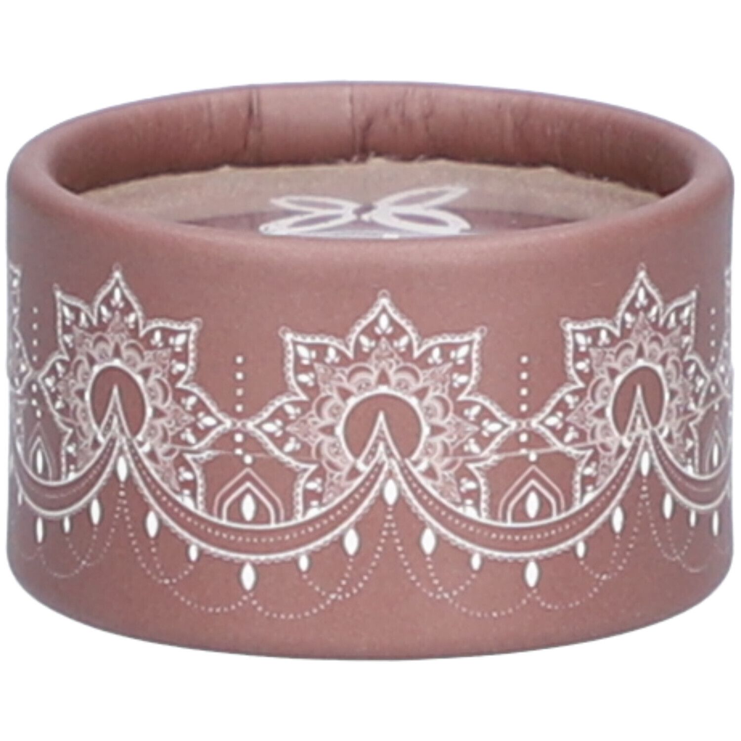 Ronde bruine container met wit bloemenpatroon. Logo zichtbaar bovenop.