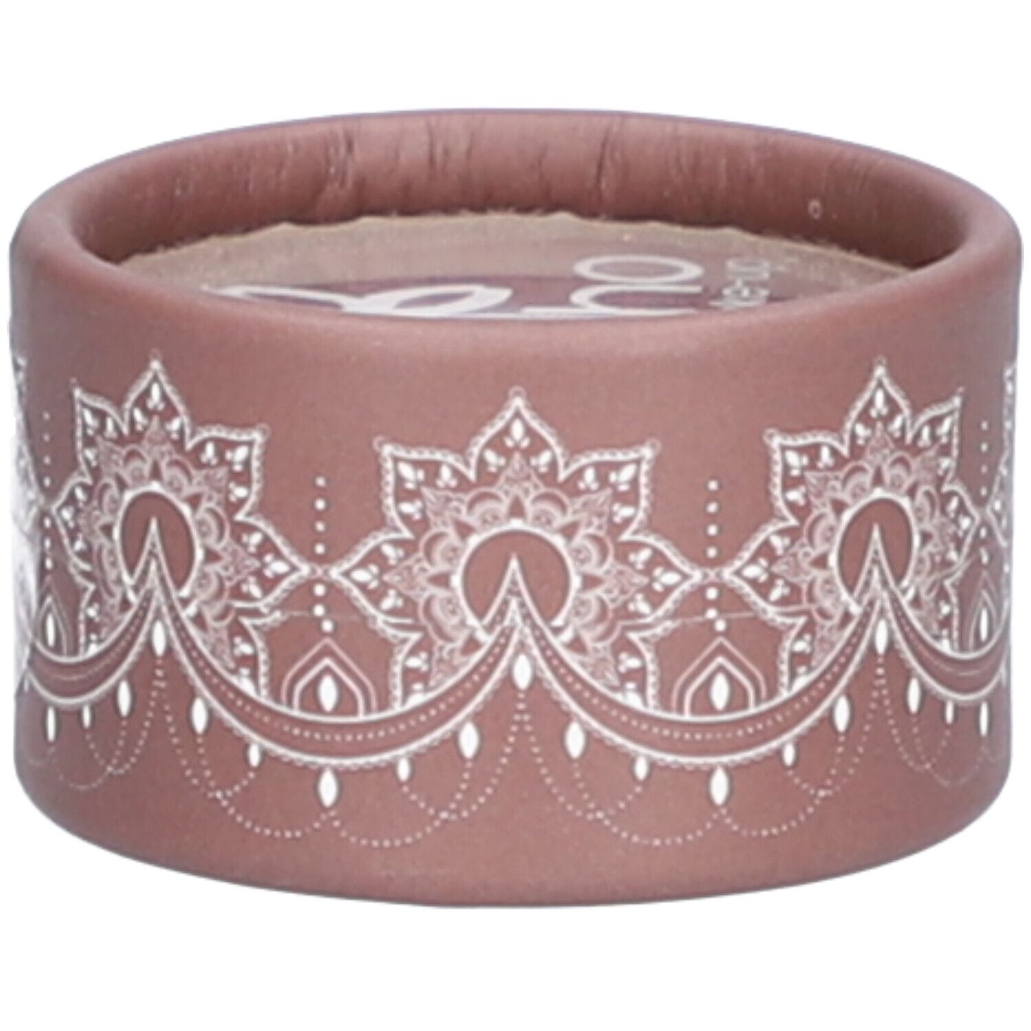 Ronde bruine container met wit bloemenpatroon. Logo zichtbaar bovenop.