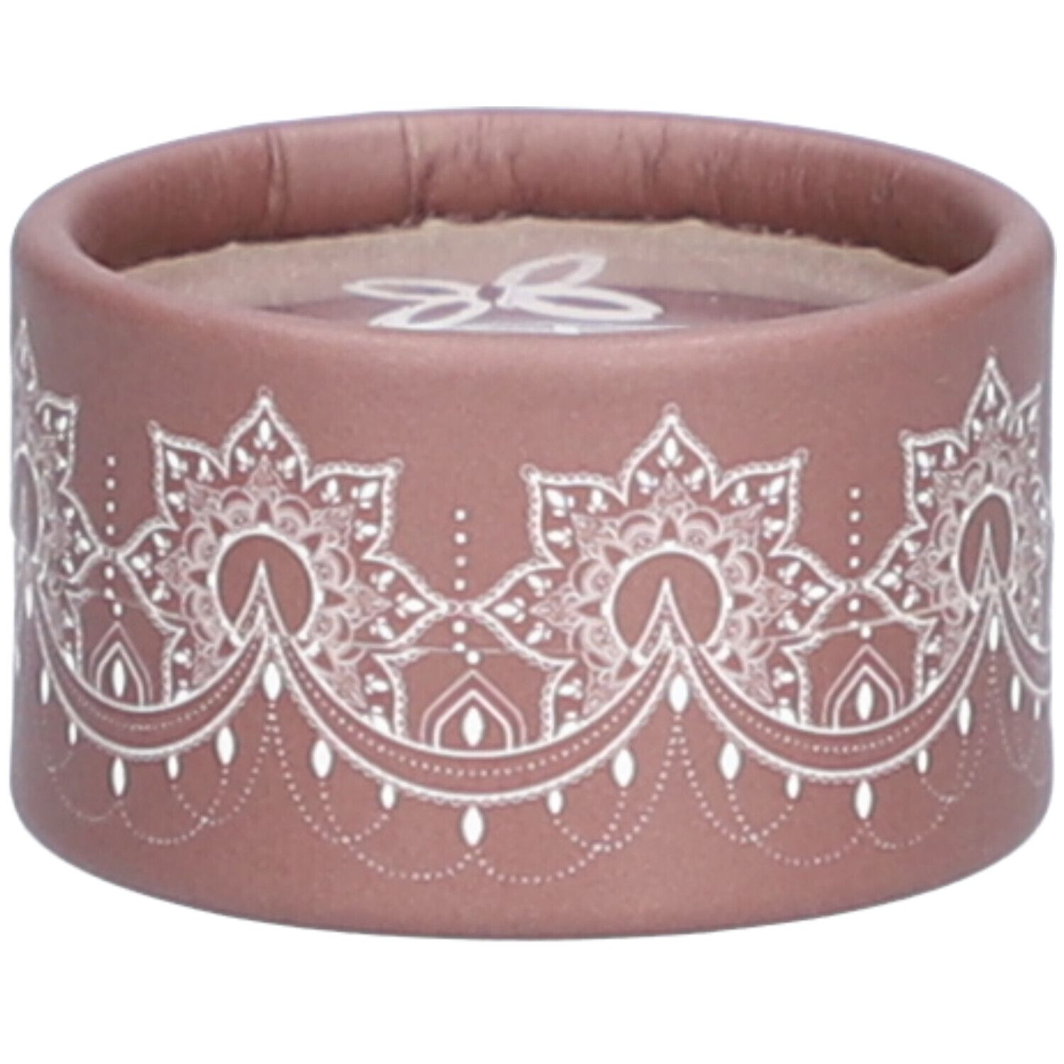 Ronde bruine container met wit bloemenpatroon. Logo zichtbaar bovenop.