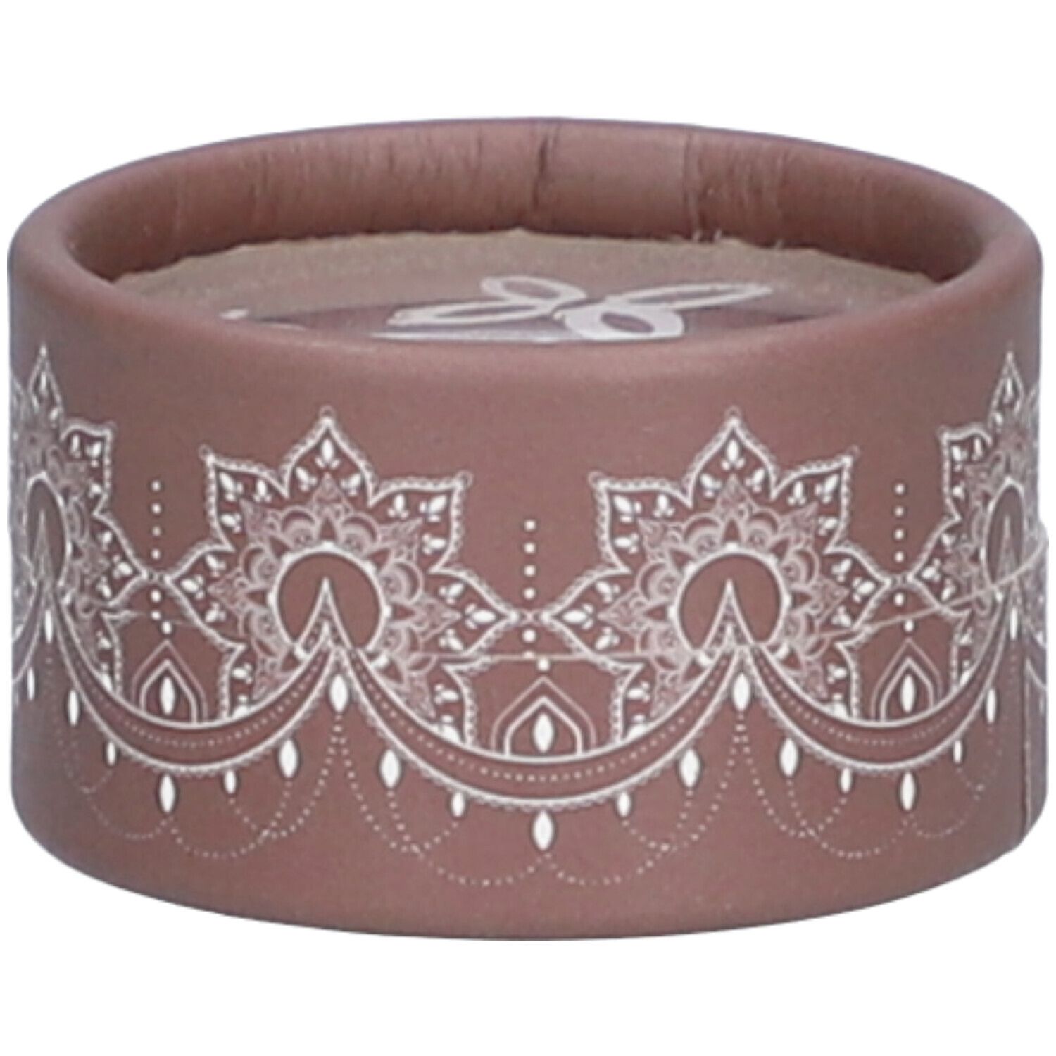 Ronde bruine container met wit bloemenpatroon. Logo zichtbaar bovenop.