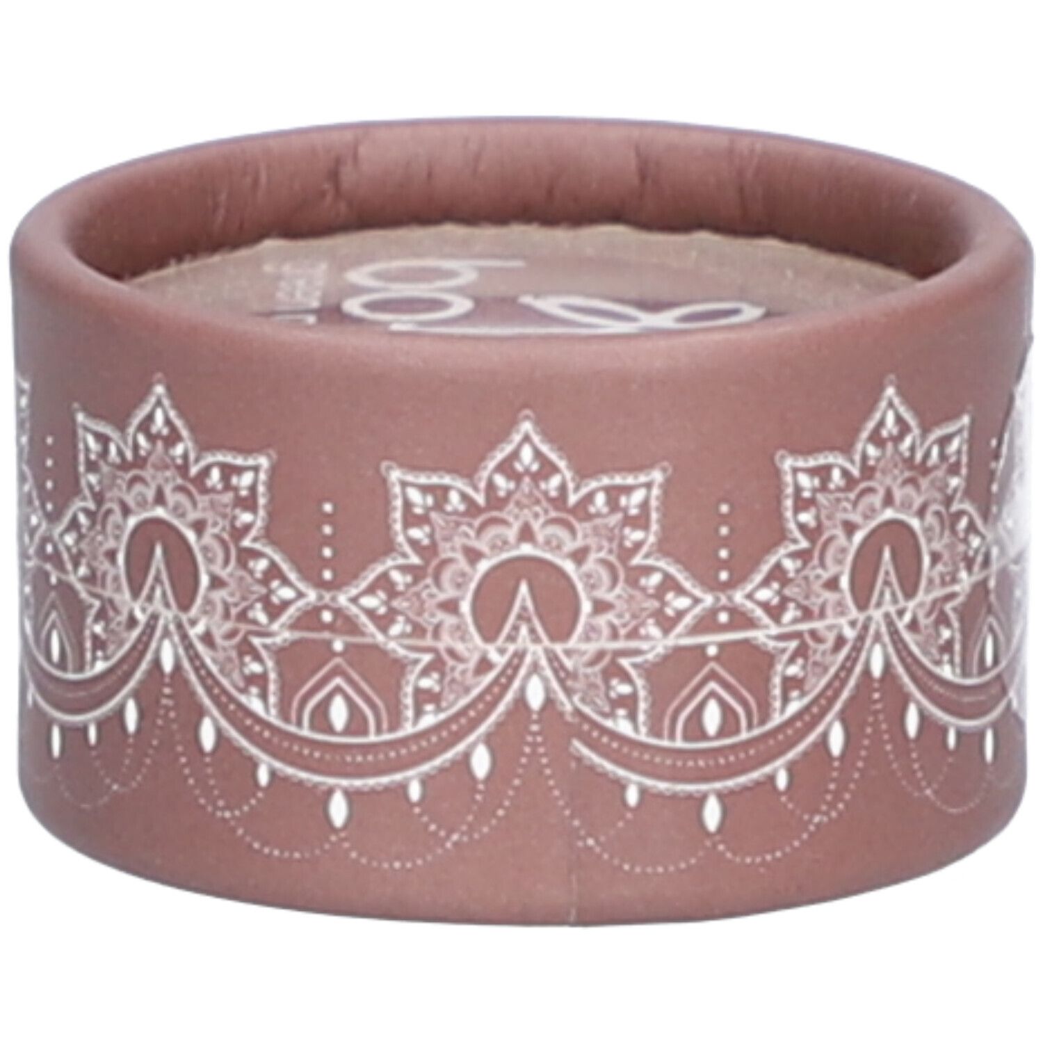 Ronde bruine container met wit bloemenpatroon. Logo zichtbaar bovenop.