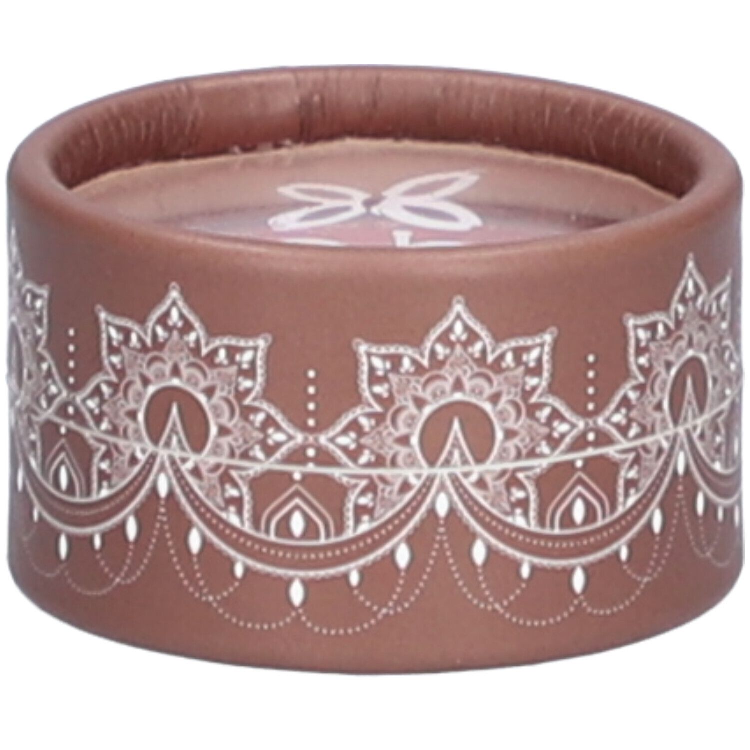Ronde bruine container met wit bloemmotief. Transparant bovenop. Deksel met logo.