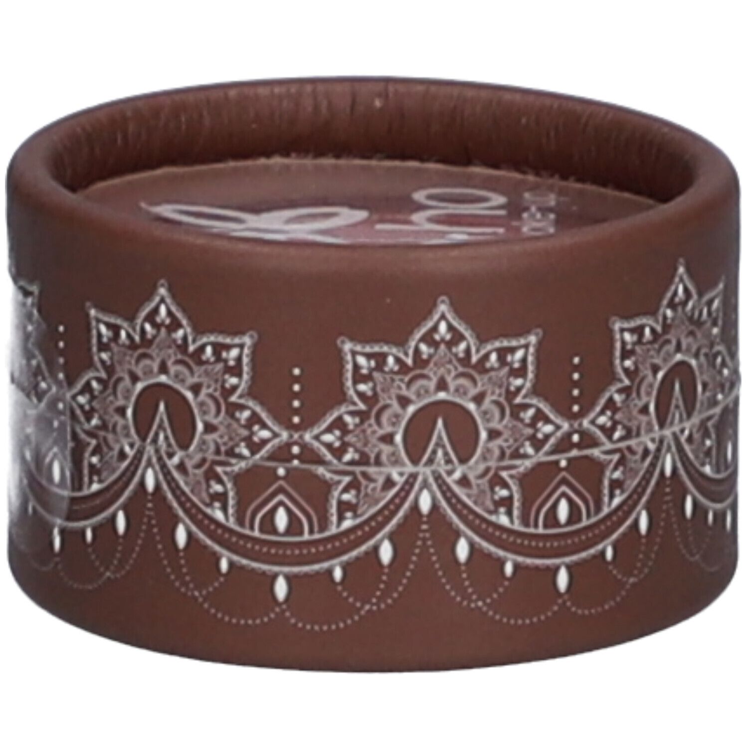 Ronde bruine container met wit bloemmotief. Transparant bovenop. Deksel met logo.