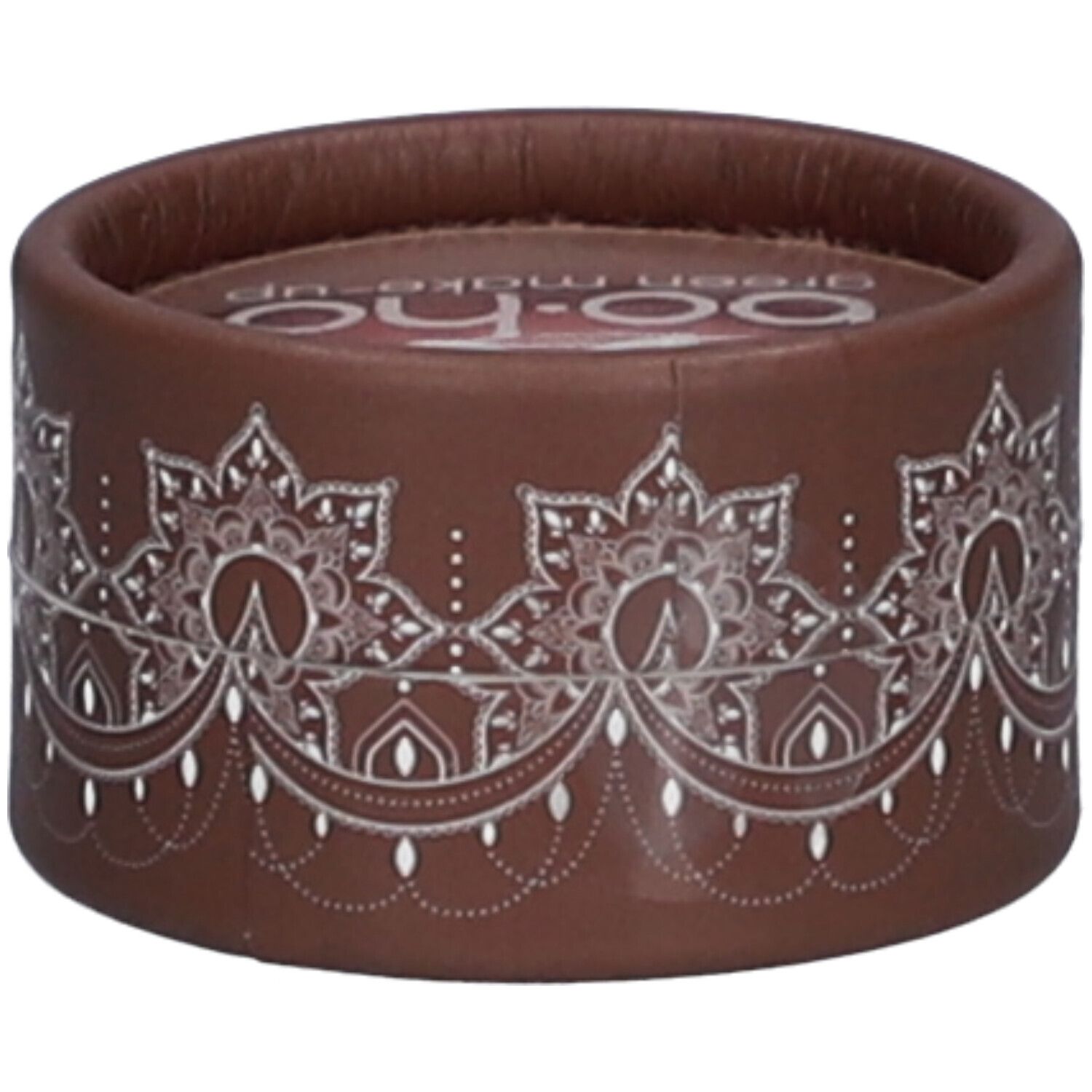Ronde bruine container met wit bloemmotief. Transparant bovenop. Deksel met logo.