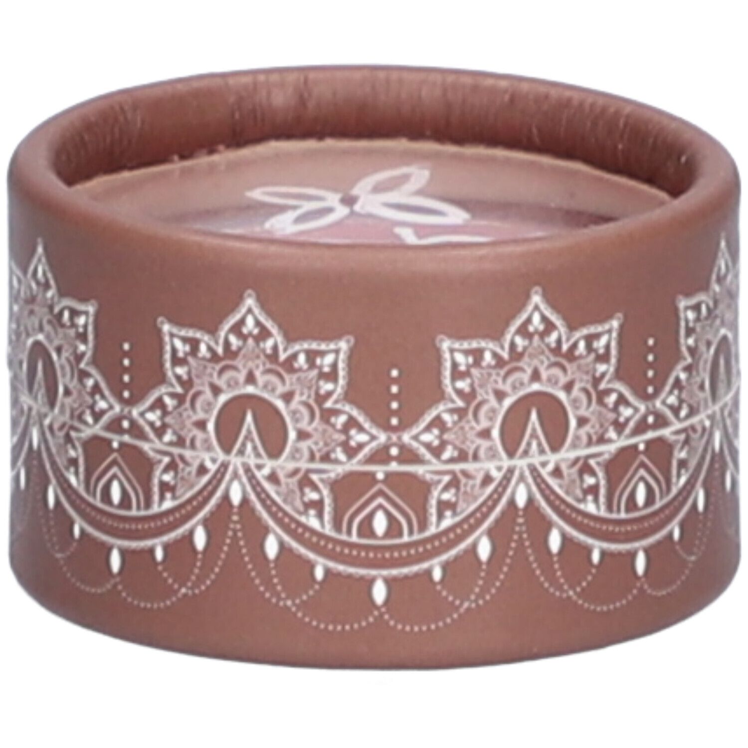 Ronde bruine container met wit bloemmotief. Transparant bovenop. Deksel met logo.