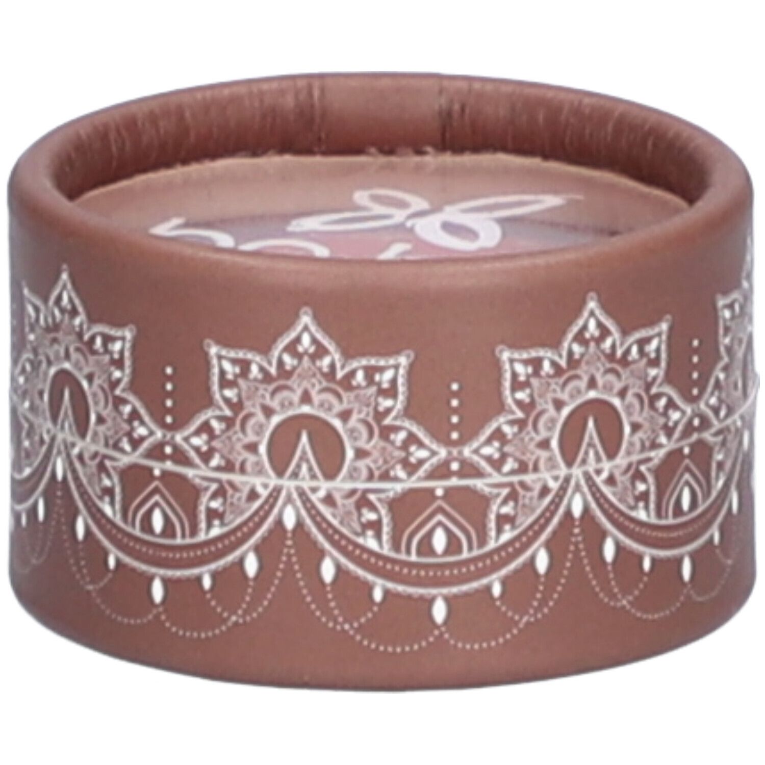 Ronde bruine container met wit bloemmotief. Transparant bovenop. Deksel met logo.