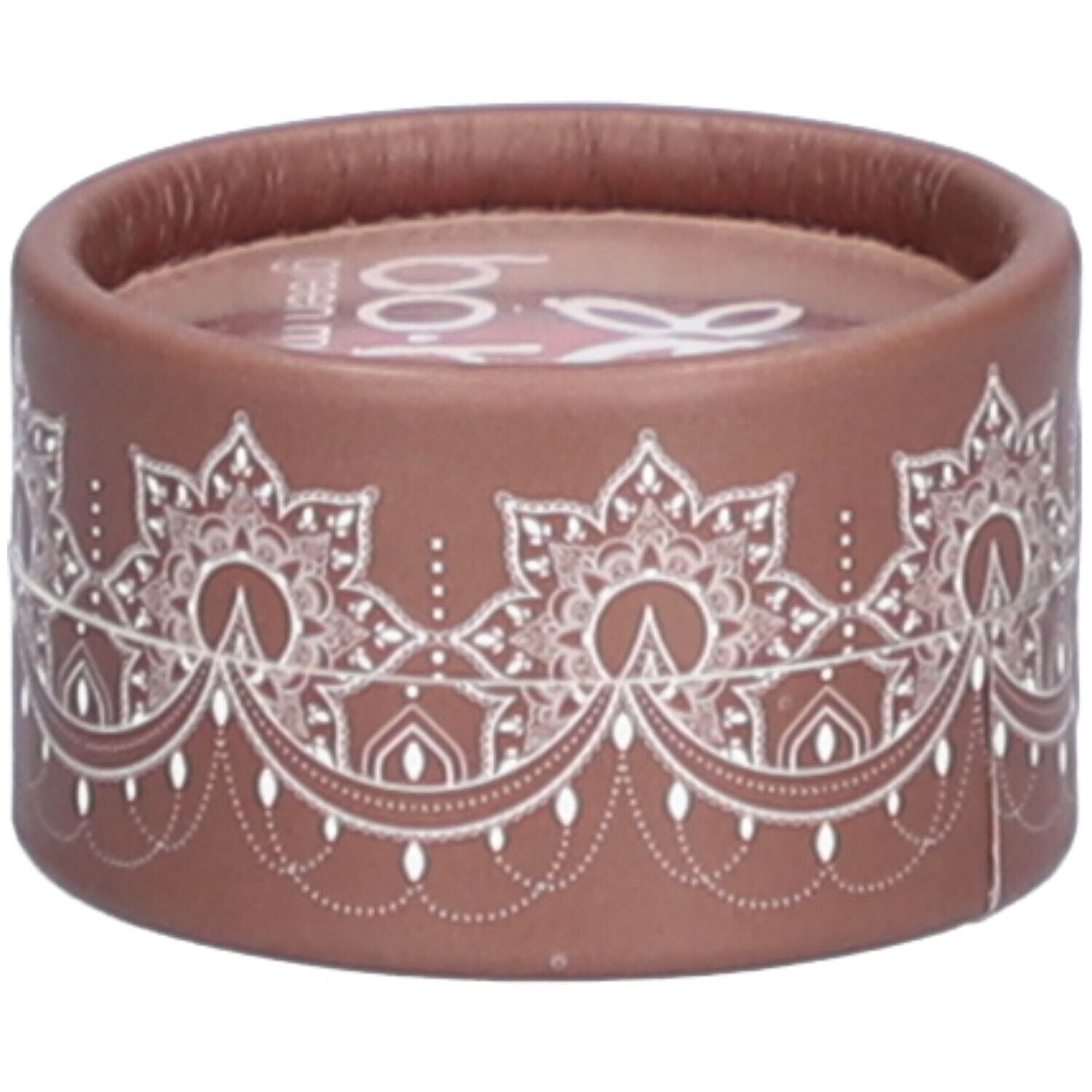 Ronde bruine container met wit bloemmotief. Transparant bovenop. Deksel met logo.