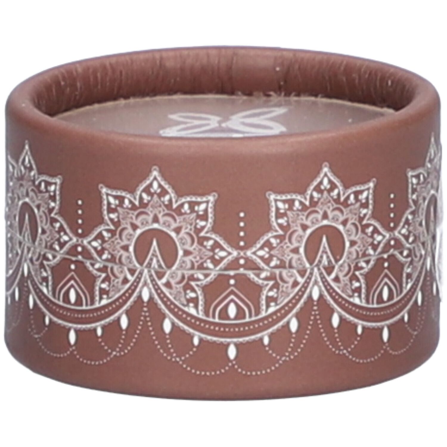 Ronde bruine container met wit bloemmotief. Logo zichtbaar aan de bovenkant.