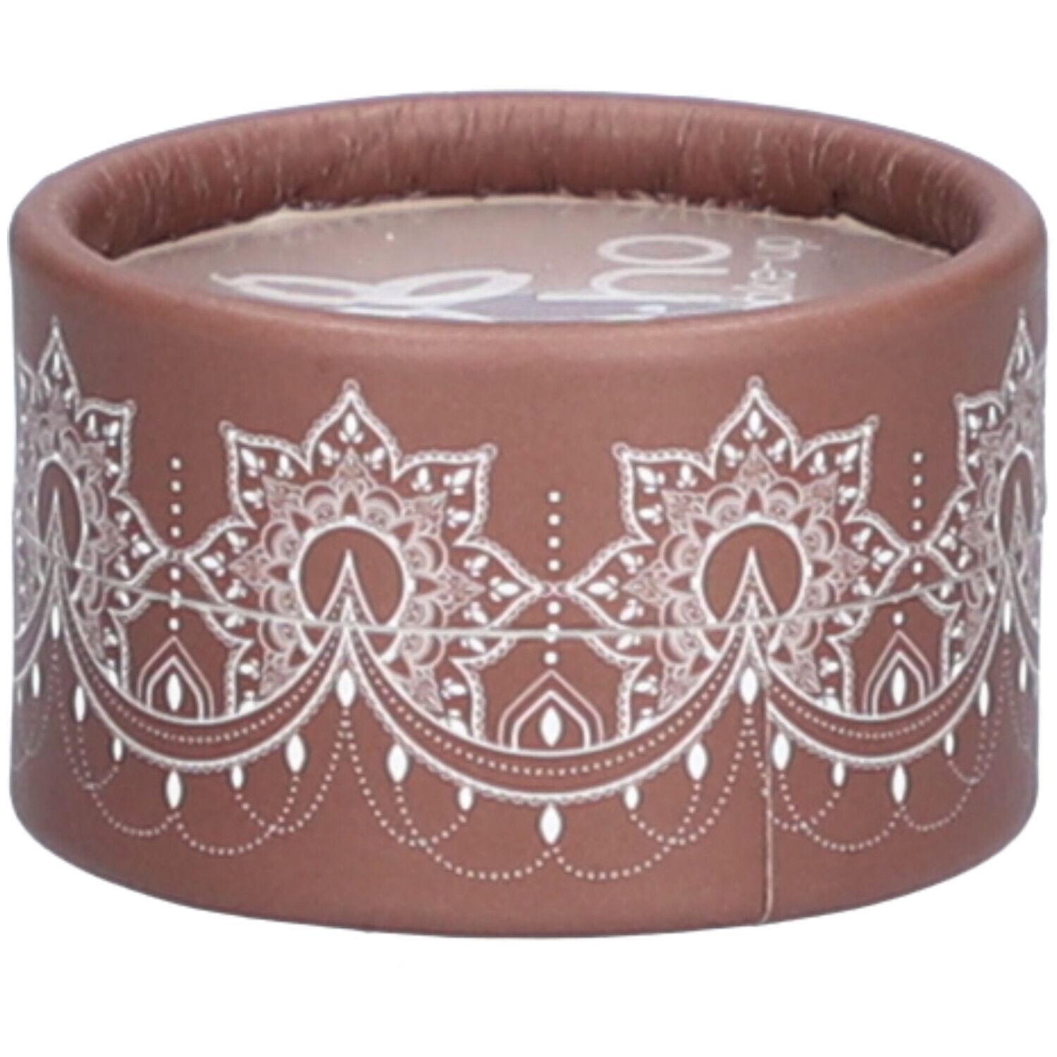 Bruine ronde container met wit bloemmotief. Logo zichtbaar aan de bovenkant.
