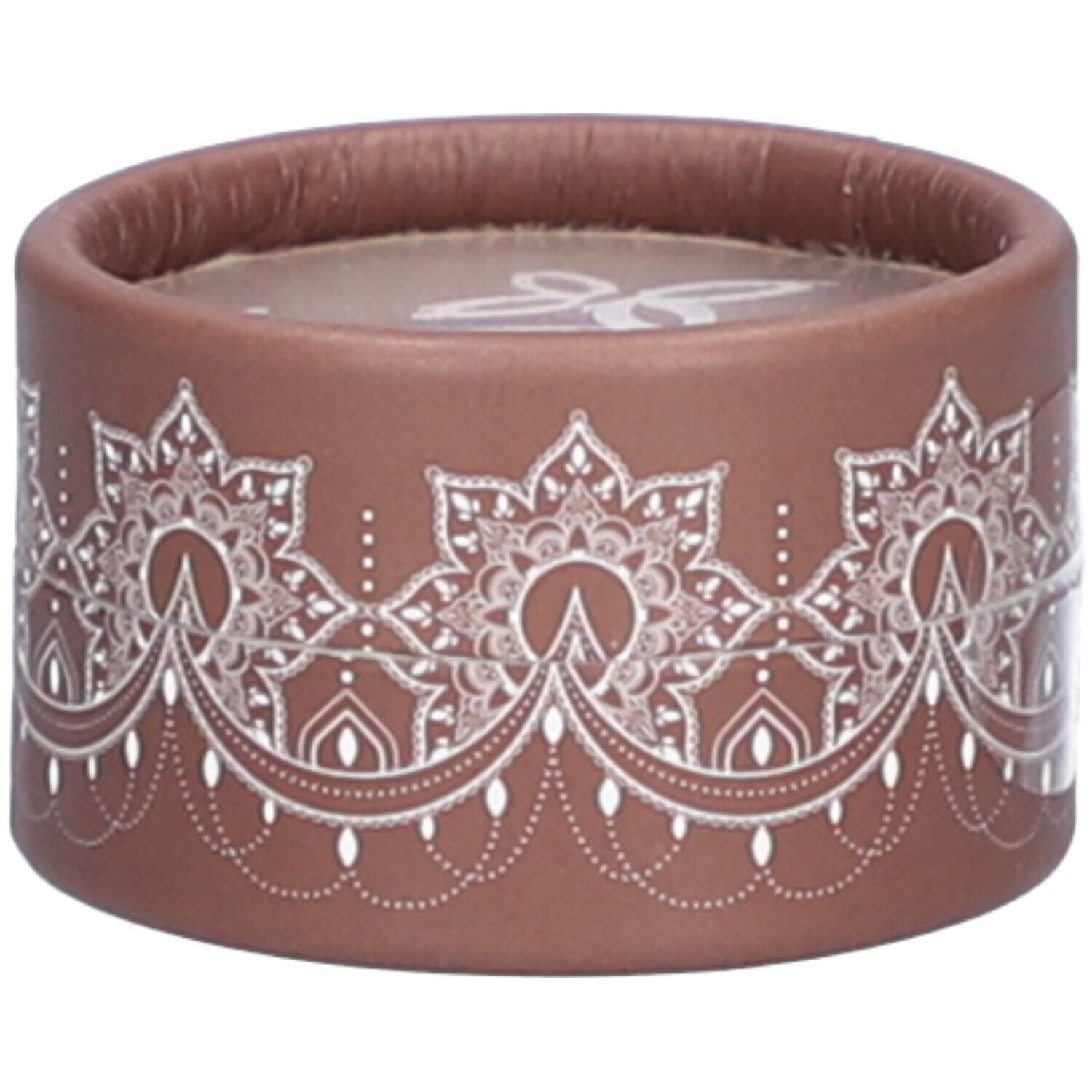 Bruine ronde container met wit bloemmotief. Logo zichtbaar aan de bovenkant.