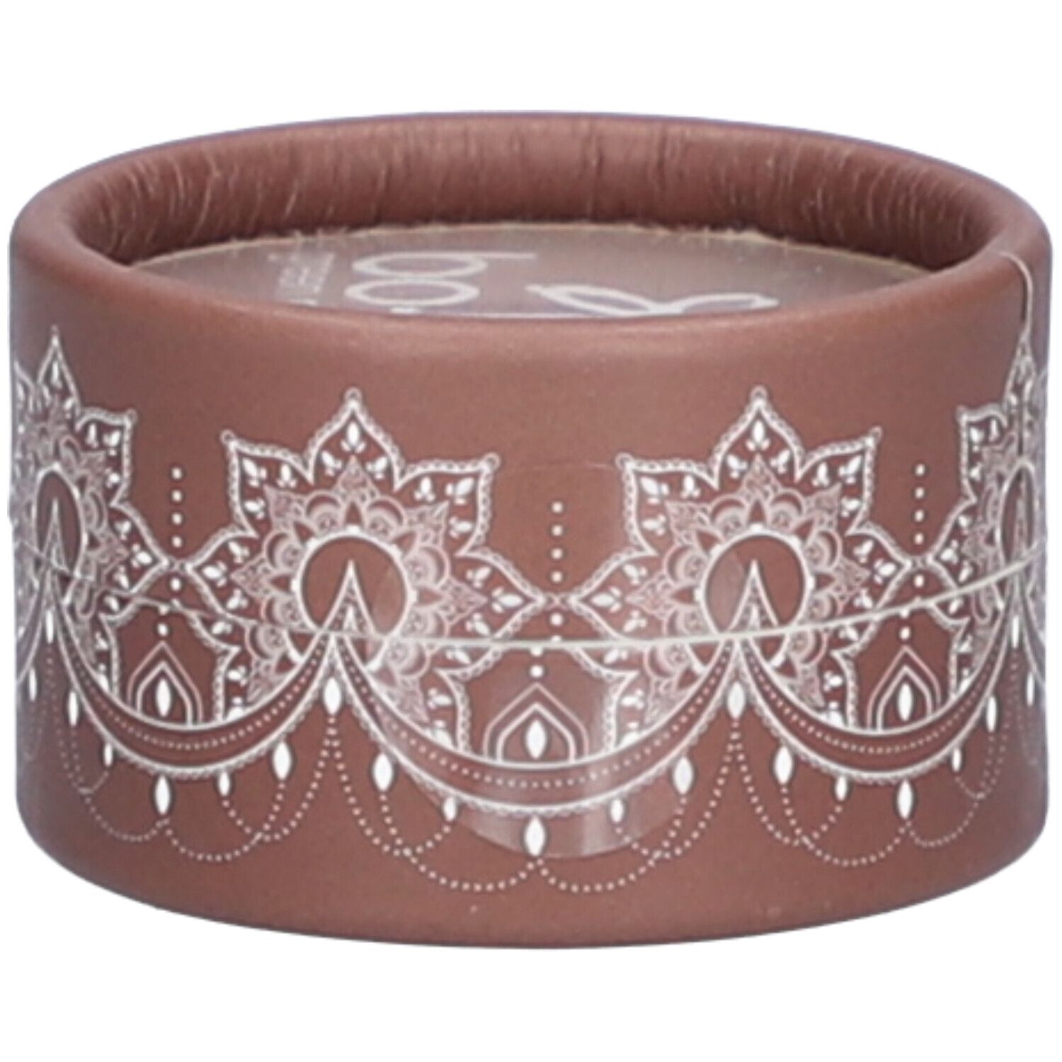 Bruine ronde container met wit bloemmotief. Logo zichtbaar aan de bovenkant.