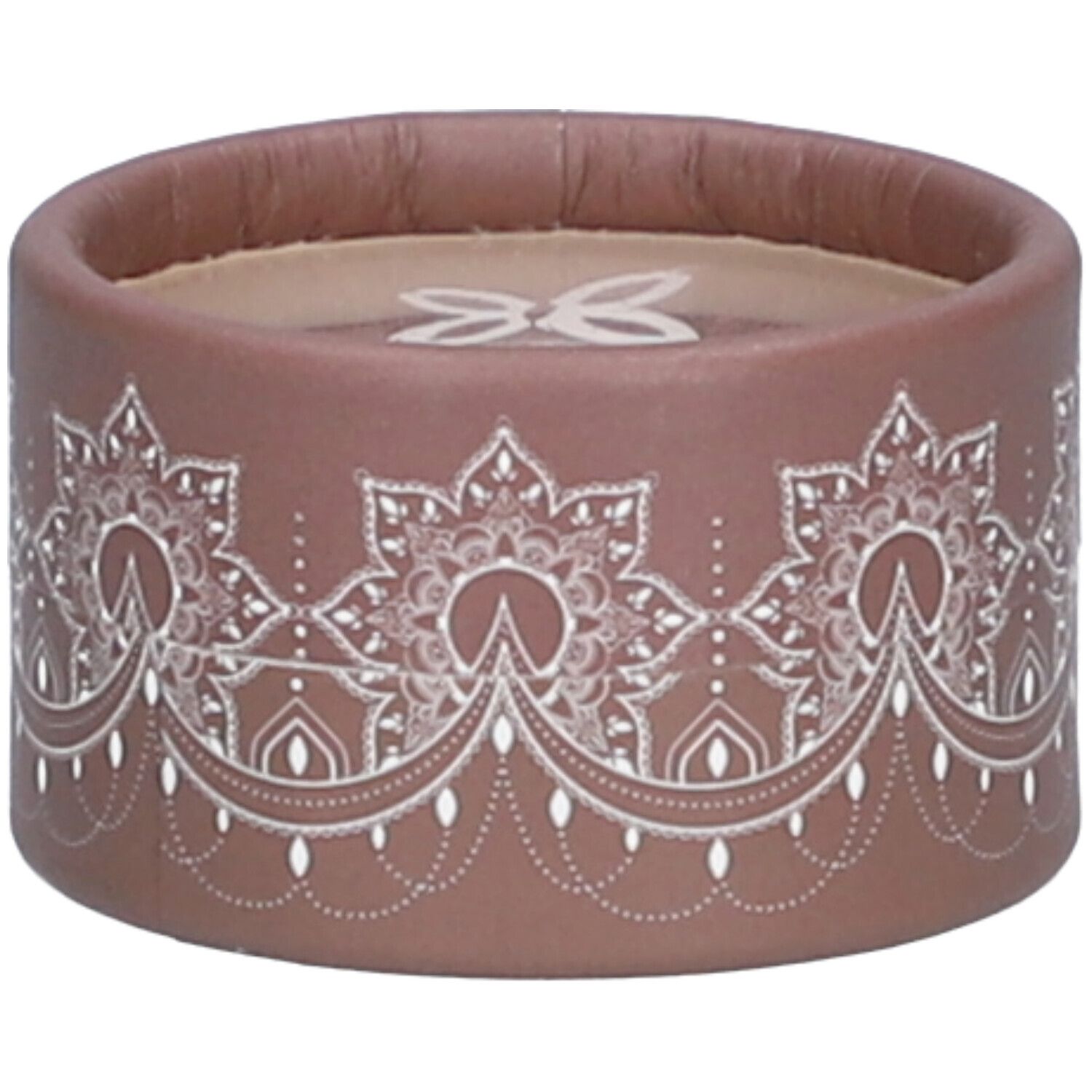 Ronde bruine houder met wit bloemmotief. Wit logo op deksel. Cosmeticaverpakking.